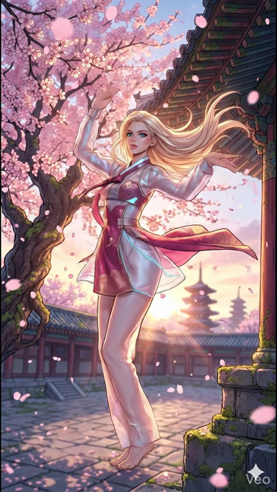 A breathtaking 8-second video of a blonde character in a stylish pink and white translucent Hanbok performing a traditional dance under a large cherry blossom tree in full bloom. Pink petals fall softly like snow, swirling around her as she spins. In