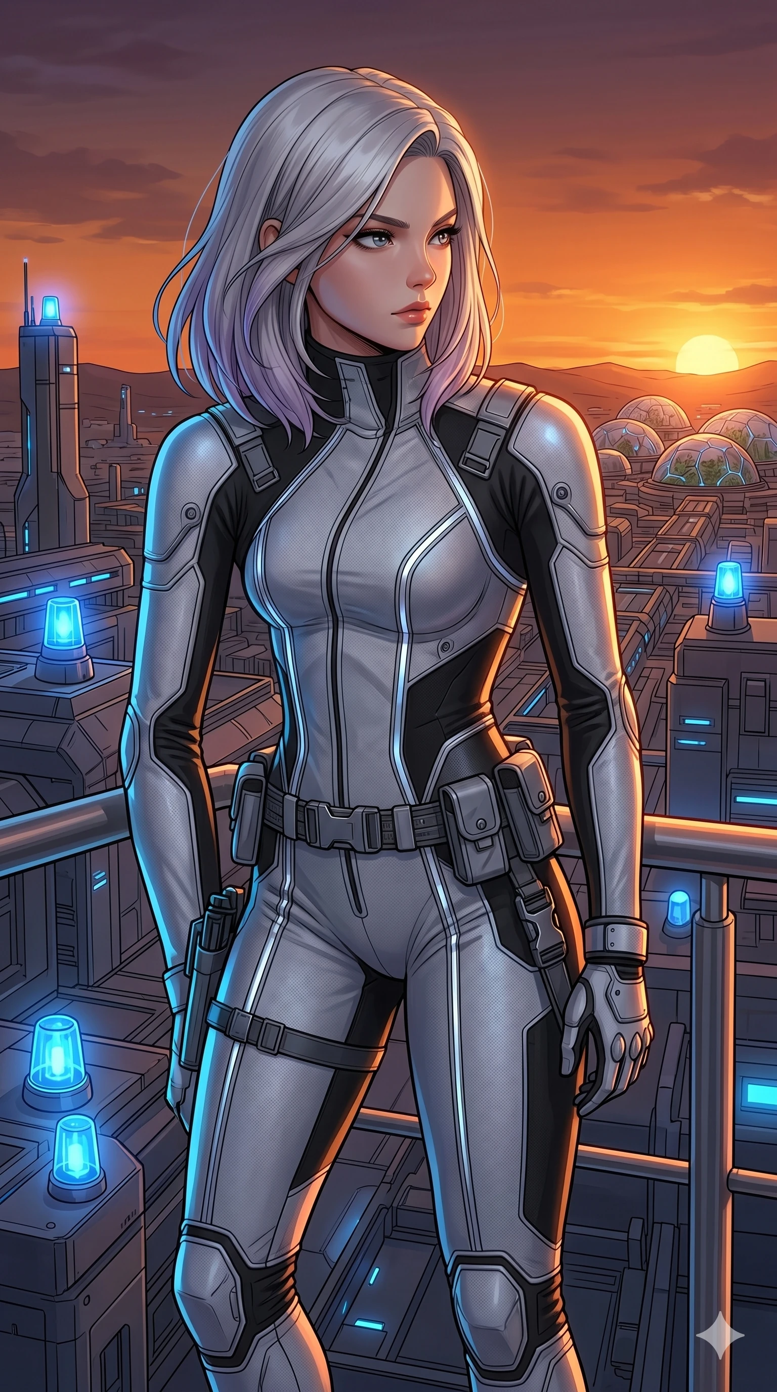 score_9, masterpiece, best quality, ultra-detailed, high-budget anime keyframe, editorial fashion photography, tasteful artistic composition, Caucasian woman, strictly human ears. Upper body close-up from the thighs up, character filling the screen for maximum presence. Standing on a balcony overlooking a biotech research station, looking at the distant domes with a determined, confident look. She is wearing a tailored tech-jumpsuit with reflective silver piping and a utility belt. The scene is bathed in the warm orange light of the sunset and blue warning beacons. 2k, ultra detail, master piece, 9:16 ratio