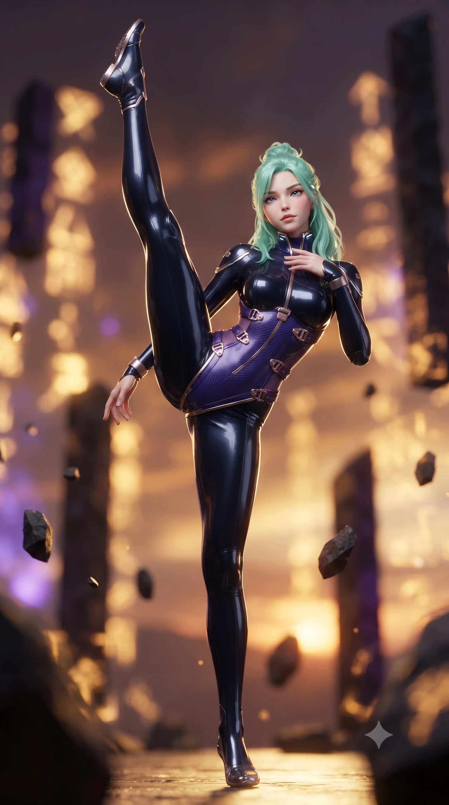 score_9, masterpiece, best quality, ultra-detailed, high-budget anime keyframe, editorial fashion photography, tasteful artistic composition, Japanese woman. low angle full-body shot from head to toe showing her feet, filling the entire 9:16 vertical frame with her statuesque presence, stretching her vertical silhouette. executing a breathtaking zero-gravity high-kick with full 180-degree vertical extension, her impossibly long slender legs dominating the frame with razor-sharp poise while resting one hand near her clavicle with calm sovereign poise as floating stone shards align around her slender silhouette. The composition keeps background elements in soft focus with creamy bokeh. floating obsidian temple pillars and golden holographic glyphs blurred into rich amber, gold, and violet bokeh. She has an absolutely perfect, statuesque 8.5-heads proportion, an exceptionally tall and slender model-like female figure with impossibly long slender legs, a toned flat midriff, and an ultra-slim waist. sharp v-shaped jawline, high-bridge nose, intricate jewel-like eyes with depth, thick eyelashes, glossy lips with a natural sheen, flawlessly proportioned anatomical accuracy, strict slender model proportions, natural body alignment, perfectly sculpted long slender limbs, ultra-slim waistline, clean dynamic posture without body distortion. wearing a statuesque midnight cobalt carbon-fiber battle-suit with platinum trim, reinforced kinetic palm plates, and an ultra-slim waistline in royal purple carbon fiber with rose-gold hardware and clasps, formed from high-gloss patent carbon-plating with specular chiaroscuro reflections, featuring a sleek aerodynamic collar framed by subtle glowing cybernetic status LEDs, the liquid-tight tailored fabric emphasizing every curve of her tall, slender model proportions and sculptured silhouette during dynamic movement. bathed in radiant golden holographic rune uplights and warm sunset horizon fill light. ultra-reflective glossy finish, specular highlights, dark metallic sheen, high-contrast stereoscopic depth, volumetric dynamic lighting, 2k, ultra detail, master piece, 9:16 ratio