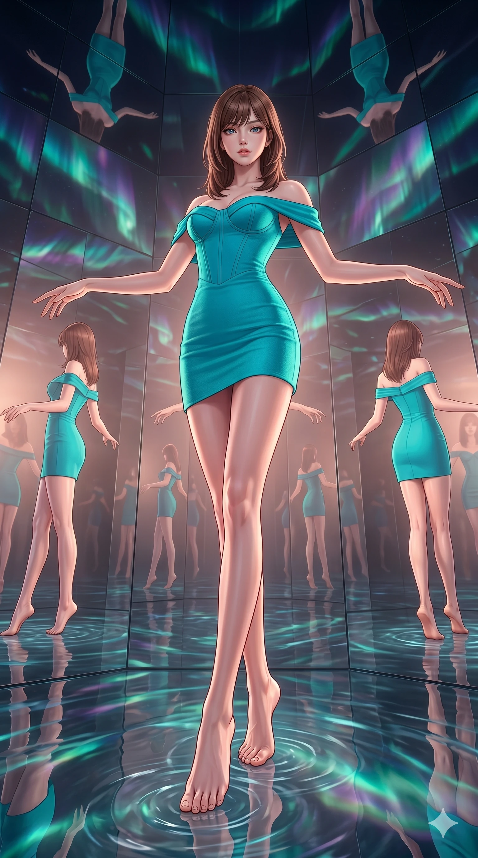 score_9, masterpiece, best quality, ultra-detailed, high-budget anime keyframe, editorial fashion photography, tasteful artistic composition, Korean woman. low angle full-body shot from head to toe showing her feet, filling the entire 9:16 vertical frame with her statuesque presence, stretching her vertical silhouette. Balancing with elegant poise on tiptoe with arms extended inside an infinite obsidian mirror hall reflecting fractured aurora borealis patterns. She has an absolutely perfect 8-heads proportion, an exceptionally tall and slender female figure with impossibly long slender legs and an ultra-slim waist. V-shaped jawline, high-bridge nose, intricate jewel-like eyes with depth, thick eyelashes, glossy lips with a natural sheen. wearing a bold off-shoulder fitted mini dress in vivid electric teal with structured boning at the chest, a form-contouring body, and a daring elevated hemline at upper-thigh. bathed in soft rose-gold dawn light filtering through atmospheric volumetric fog that wraps her silhouette. 2k, ultra detail, master piece, 9:16 ratio