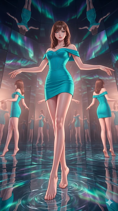 score_9, masterpiece, best quality, ultra-detailed, high-budget anime keyframe, editorial fashion photography, tasteful artistic composition, Korean woman. low angle full-body shot from head to toe showing her feet, filling the entire 9:16 vertical f