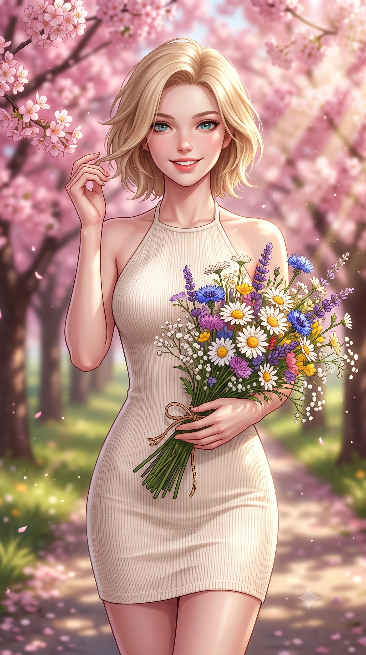 score_9, masterpiece, best quality, ultra-detailed, high-budget anime keyframe, editorial fashion photography, tasteful artistic composition, Caucasian woman. close-up cowboy shot from the waist and thighs up, the character dominates the composition, filling the frame with her large presence, background elements kept in soft focus. smiling with cute and bright self-assurance, looking directly at the viewer set against a soft-focus background of walking down a park path lined with blooming pink cherry blossom trees holding a beautiful wildflower bouquet tied with a simple twine ribbon. She has an exceptionally elegant, slender, and willowy female figure with an ultra-slim waist, a gracefully sculpted slender torso, and a refined silhouette. sharp v-shaped jawline, high-bridge nose, intricate jewel-like eyes with depth, thick eyelashes, glossy lips with a natural sheen. wearing tailored sleek, tight-fitting knit halter dress in cream, tracing her slender silhouette. volumetric sunbeams slicing through tree edges onto the grassy meadow. highly saturated vibrant anime colors, detailed shading with soft gradients, rich glossy textures, high-contrast stereoscopic depth, volumetric dynamic lighting, master piece, 9:16 ratio