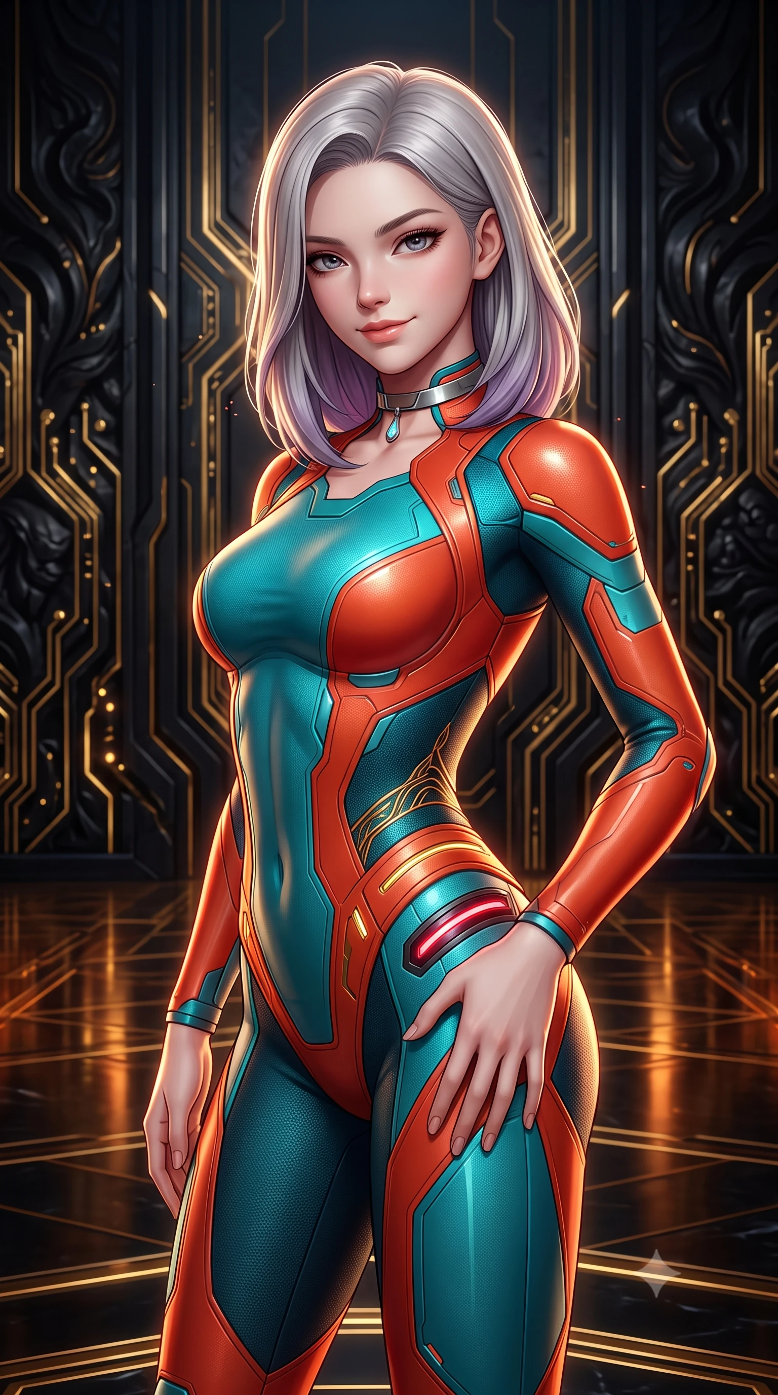 score_9, masterpiece, best quality, ultra-detailed, high-budget anime keyframe, semi-realistic 3D game render, editorial fashion photography, tasteful artistic composition, Caucasian woman. close-up cowboy shot from the waist and thighs up, the character dominates the composition, filling the frame with her large presence. tilting her head with a teasing half-smile, running one hand slowly down the side of her hip in a flirtatious S-curve as ambient light caresses her silhouette while twisting her slender torso in an alluring contrapposto stance, fiber-optic gold filigree and crimson velvet light wrapping around her narrow waist and curvy hips. The surrounding environment is rendered in vivid detail and crisp panoramic clarity: sharp hand-carved black obsidian relief carvings, pulsing gold micro-circuitry inlays, and polished stage parquet reflections in deep focus. She has an exceptionally elegant, slender, and willowy female figure with an ultra-slim waist, flat toned midriff, narrow ribcage, and sculpted feminine hips creating an alluring, slim hourglass silhouette without bulk. sharp v-shaped jawline, high-bridge nose, intricate jewel-like sparkling eyes with depth, thick eyelashes, glossy parted lips with a natural peach sheen, bright cheerful beaming smile with an enchanting and coquettish sensual glint, exuding both youthful cute charm and seductive allure, flawlessly proportioned anatomical accuracy, strict slender model proportions, natural body alignment, perfectly sculpted long slender limbs, ultra-slim waistline, clean dynamic posture without body distortion. wearing an ultra-sleek second-skin tactical combat bodysuit made of liquid-gloss neoprene with reinforced ribcage contouring seams hugging her hourglass figure in cyber-shinto vermilion and laser turquoise, made of fluid liquid jersey with seamless sculpting hold and smooth contours, finished with a minimalist chrome choker and a single teardrop diamond pendant, the impeccably tailored cut draping gracefully along her slender figure with aristocratic poise. illuminated by polished parquet reflection bounce and sharp gold-plasma rim lights sculpting her jawline, narrow waist, and curvy hips. highly saturated vibrant anime colors, detailed shading with soft gradients, rich glossy textures, high-contrast stereoscopic depth, volumetric dynamic lighting, master piece, 9:16 ratio