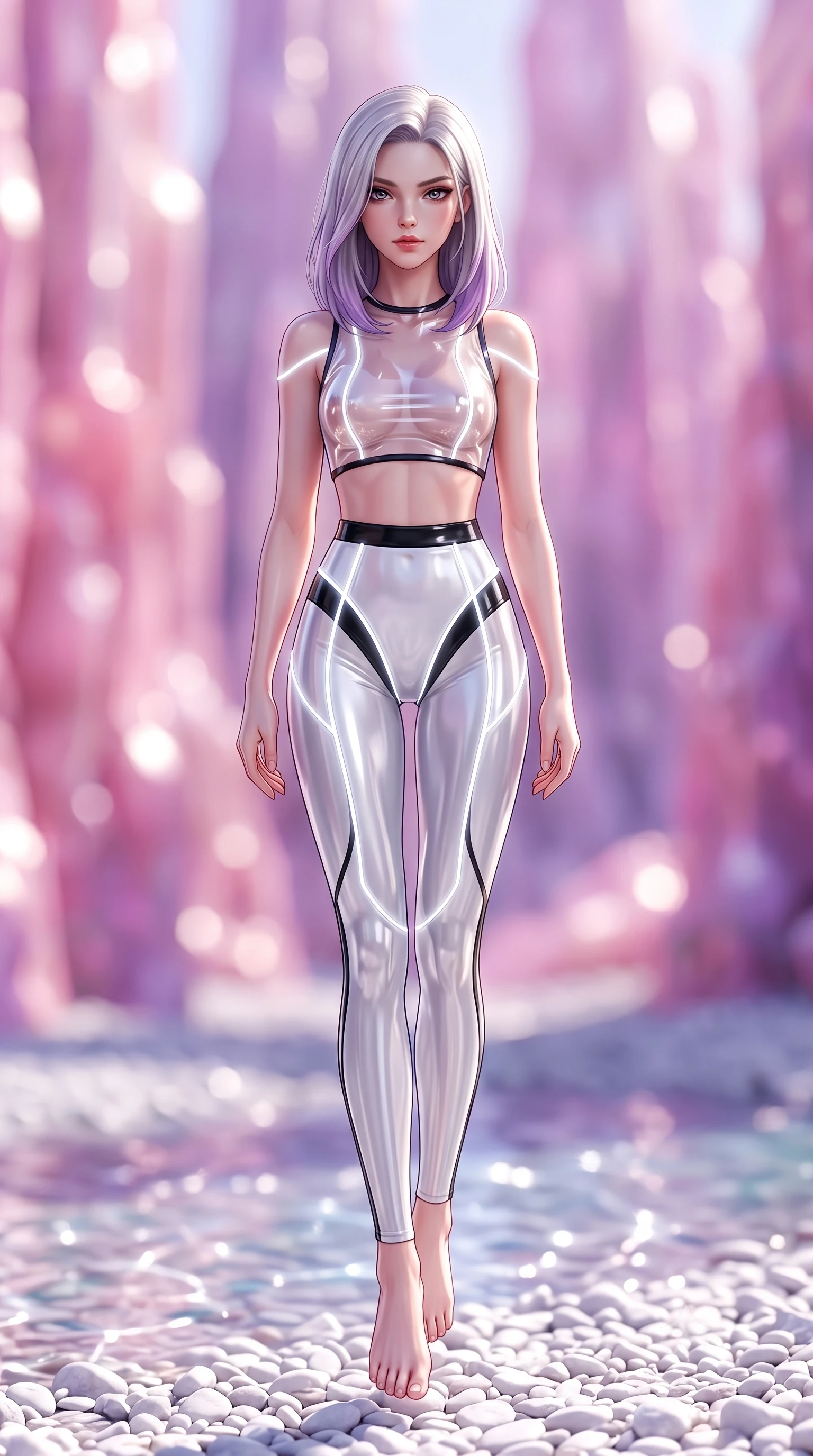 score_9, masterpiece, best quality, ultra-detailed, high-budget anime keyframe, semi-realistic 3D game render, editorial fashion photography, tasteful artistic composition, Caucasian woman. low angle full-body shot from head to toe showing her feet, filling the entire 9:16 vertical frame with her statuesque presence, stretching her vertical silhouette. performing an alluring mid-air vault with flawless poise, looking directly into the camera with smoldering intensity while stepping along a white pebble riverbank with an alluring, direct smolder looking into the camera lens. The composition keeps background elements in soft focus with creamy bokeh. towering rose quartz and amethyst canyon spires blurred into radiant pastel pink and violet bokeh. She has an absolutely perfect, statuesque 8.5-heads proportion, an exceptionally tall and slender model-like female figure with impossibly long slender legs, a toned flat midriff, and an ultra-slim waist. sharp v-shaped jawline, high-bridge nose, intricate jewel-like eyes with depth, thick eyelashes, glossy lips with a natural sheen, flawlessly proportioned anatomical accuracy, strict slender model proportions, natural body alignment, perfectly sculpted long slender limbs, ultra-slim waistline, clean dynamic posture without body distortion. wearing an ultra-minimalist clear vinyl crop top and high-waist tech-briefs accented with glowing neon fiber seams in high-gloss monochrome white and sharp black contrast, made of liquid metal jersey that clings flawlessly to every contour of her build, accented with glowing fiber-optic seams tracing her collarbones and hip curves, the form-contouring material adhering flawlessly to her sculpted flat midriff and slender torso, emphasizing her long leg lines and perfectly proportioned willowy build. illuminated by sparkling river water caustics and crisp white key lighting. highly saturated vibrant anime colors, detailed shading with soft gradients, rich glossy textures, high-contrast stereoscopic depth, volumetric dynamic lighting, master piece, 9:16 ratio