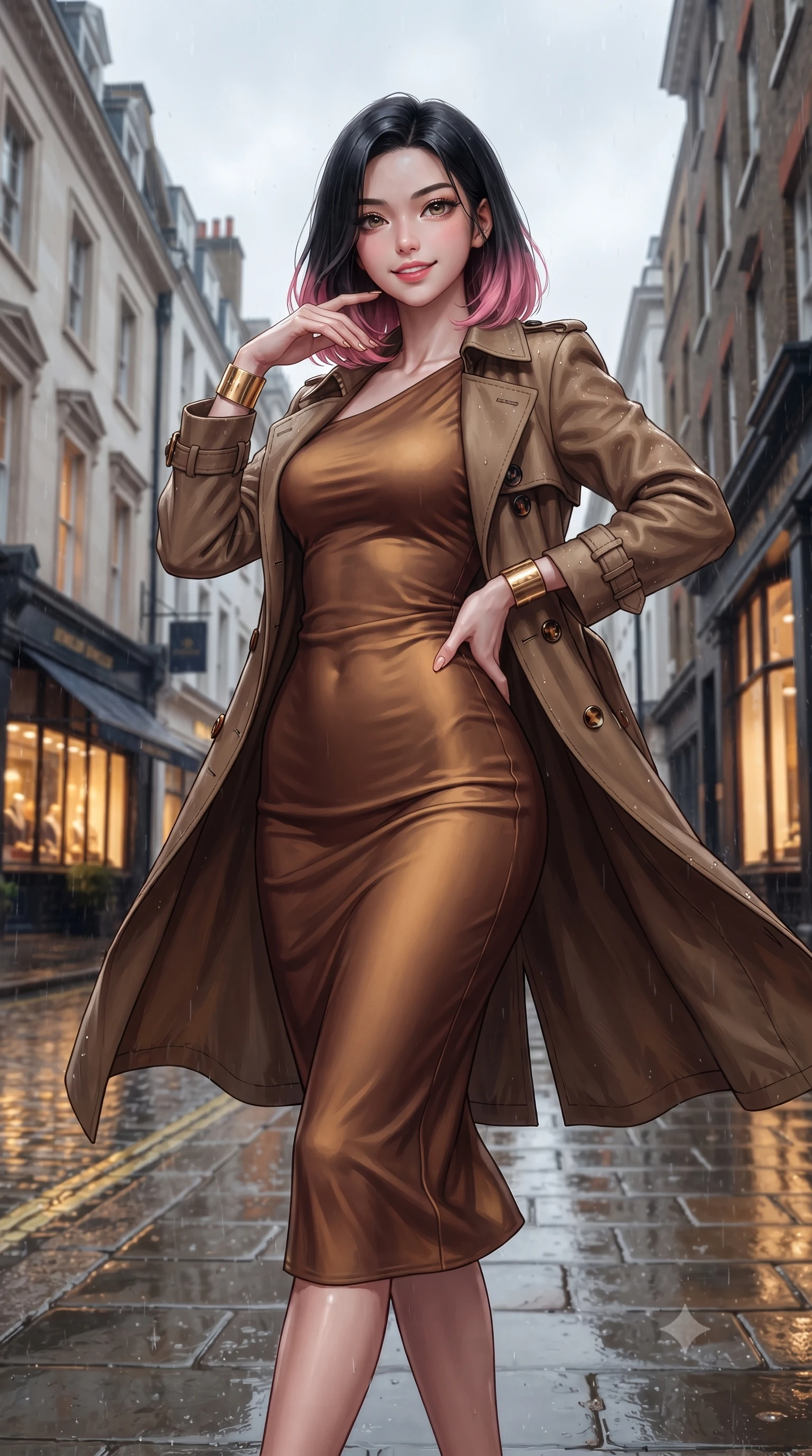 score_9, masterpiece, best quality, ultra-detailed, high-budget anime keyframe, editorial fashion photography, tasteful artistic composition, Korean woman. close-up cowboy shot from the waist and thighs up, the character dominates the composition, filling the frame with her large presence. arching her lower back slightly with one hand resting on her sculpted hip, looking into the camera with an enchanting and coquettish smile while walking down the rain-slicked London street with confident model strides, her trench coat fluttering with dynamic rhythm. The surrounding environment is rendered in vivid detail and crisp panoramic clarity: detailed double-breasted trench coat stitching, tortoiseshell buckle accents, and Mayfair heritage streetscape in razor-sharp precision. She has an exceptionally elegant, slender, and willowy female figure with an ultra-slim waist, flat toned midriff, narrow ribcage, and sculpted feminine hips creating an alluring, slim hourglass silhouette without bulk. sharp v-shaped jawline, high-bridge nose, intricate jewel-like sparkling eyes with depth, thick eyelashes, glossy parted lips with a natural peach sheen, bright cheerful beaming smile with an enchanting and coquettish sensual glint, exuding both youthful cute charm and seductive allure, flawlessly proportioned anatomical accuracy, strict slender model proportions, natural body alignment, perfectly sculpted long slender limbs, ultra-slim waistline, clean dynamic posture without body distortion. wearing a fluid liquid silk jersey draped midi dress clinging flawlessly to her narrow waist, flat midriff, and curvy hips in warm chestnut brown and burnished gold, made of ultra-fine Mongolian cashmere with sleek glove-like elasticity contouring her silhouette, accented with delicate golden wrist cuffs reflecting warm chandelier light, the second-skin tailored fabric adhering flawlessly to her sculpted flat midriff and slender torso, emphasizing her long leg lines and perfectly proportioned willowy build. bathed in diffused London overcast sky light contrasted with warm incandescent shopfront display illumination. ultra-reflective glossy finish, specular highlights, rich textural contrasts, high-contrast stereoscopic depth, volumetric dynamic lighting, 2k, ultra detail, master piece, 9:16 ratio