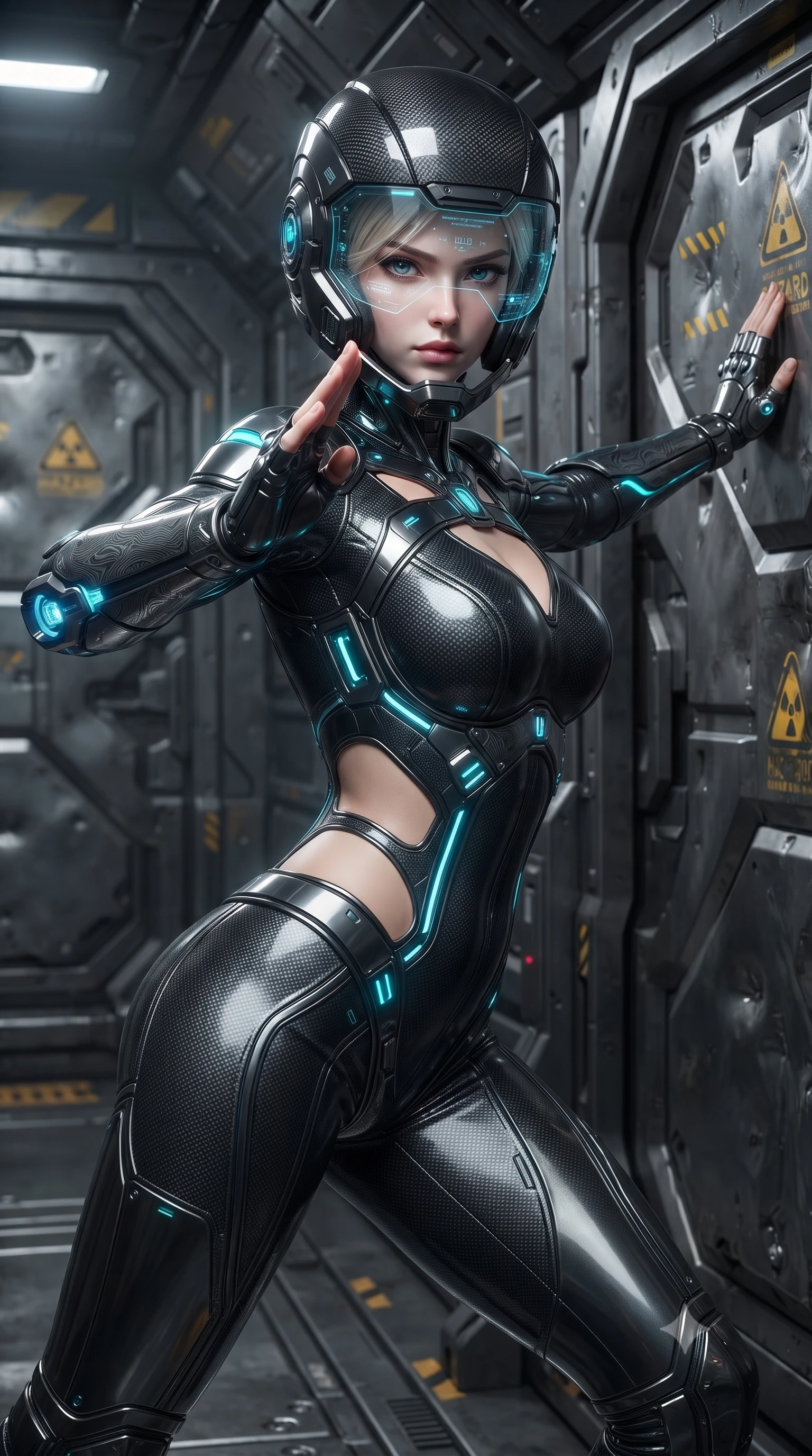 score_9, masterpiece, best quality, ultra-detailed, high-budget anime keyframe, editorial fashion photography, tasteful artistic composition, Caucasian woman. close-up cowboy shot from the waist and thighs up, the character dominates the composition, filling the frame with her large presence. twisting her upper body in a dynamic S-curve martial arts stance, cybernetic elbow dampers glowing with blue energy as she aims a focused palm strike while arching her spine in a fluid combat stance with one fist planted on a dented bulkhead door, catching her breath with fierce pride. The surrounding environment is rendered in vivid detail and crisp panoramic clarity. sharp heavy modular cuirass plate bevels, glowing hazard symbol stencils, and dented steel bulkheads in deep focus. She has an exceptionally elegant, slender, and willowy female figure with an ultra-slim waist, a gracefully sculpted slender torso, toned flat midriff, and a refined slim silhouette. sharp v-shaped jawline, high-bridge nose, intricate jewel-like eyes with depth, thick eyelashes, glossy lips with a natural sheen, fierce and resolute heroine expression, flawlessly proportioned anatomical accuracy, strict slender model proportions, natural body alignment, perfectly sculpted long slender limbs, ultra-slim waistline, clean dynamic posture without body distortion. wearing an open-face aerodynamic carbon-fiber combat helmet with a retracted transparent holographic HUD visor framing her sharp jawline and jewel-like eyes, paired with a skin-tight dark carbon-weave combat bodysuit with glowing neon energy conduits and reinforced Damascus-pattern forearm strike guards in matte battle-worn obsidian carbon with electric cyan hazard conduits, made of liquid carbon-jersey fabric accentuating every curve of her tall, slender model proportions, featuring a sleek aerodynamic collar framed by subtle glowing cybernetic status LEDs, the precision-cut daring openings accentuating her delicate midriff, graceful bare collarbones, and ultra-slim feminine waistline. surrounded by an unstoppable, royal, and fiercely triumphant lone survivor empress aura. ultra-reflective glossy finish, specular highlights, dark metallic sheen, high-contrast stereoscopic depth, volumetric dynamic lighting, 2k, ultra detail, master piece, 9:16 ratio