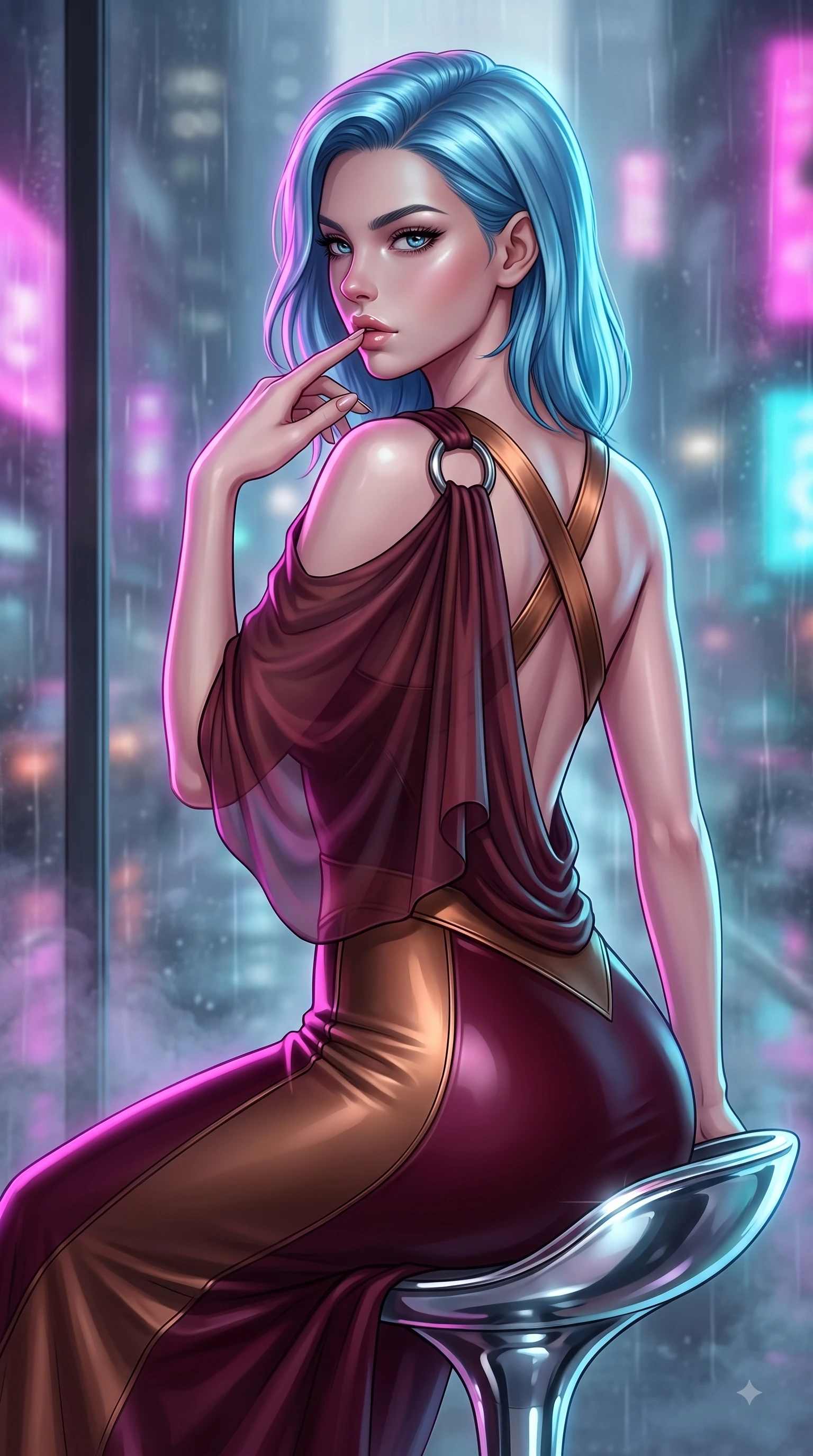 score_9, masterpiece, best quality, ultra-detailed, high-budget anime keyframe, editorial fashion photography, tasteful artistic composition, Korean woman. close-up cowboy shot from the waist and thighs up, the character dominates the composition, filling the frame with her large presence, background elements kept in soft focus. Resting two fingers near her glossy lips, casting a sharp mysterious side-gaze during her dynamic motion while perched on a sleek chrome barstool in a futuristic sky-lounge overlooking rain-slicked city streets, soft urban mist scattering vibrant magenta and cyan neon rim light around her silhouette. She has an exceptionally elegant, slender, and willowy female figure with an ultra-slim waist, a gracefully sculpted slender torso, and a refined silhouette. sharp v-shaped jawline, high-bridge nose, intricate jewel-like eyes with depth, thick eyelashes, glossy lips with a natural sheen, flawlessly proportioned anatomical accuracy, natural body alignment, perfectly sculpted elegant limbs, clean dynamic posture without body distortion. wearing an asymmetrical Grecian draped chiffon gown with a metallic shoulder ring in deep burgundy and bronze, formed from sleek second-skin neoprene, complemented by criss-cross back straps highlighting her bare shoulders, the sleek second-skin texture accentuating her magnetic presence. surrounded by a high-energy, seductive cyberpunk nightlife ambiance. ultra-reflective glossy finish, specular highlights, metallic sheen, high-contrast stereoscopic depth, volumetric dynamic lighting, 2k, ultra detail, master piece, 9:16 ratio