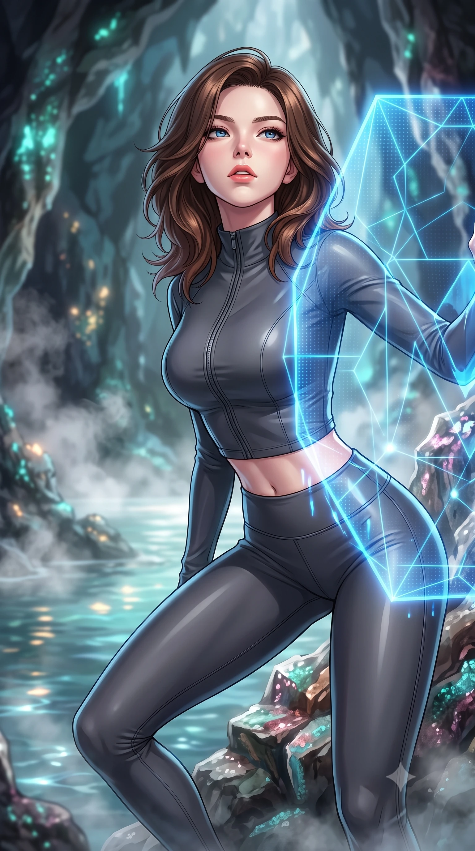 score_9, masterpiece, best quality, ultra-detailed, high-budget anime keyframe, editorial fashion photography, tasteful artistic composition, Korean woman. close-up cowboy shot from the waist and thighs up, the character dominates the composition, filling the frame with her large presence, background elements kept in soft focus. crouching slightly behind a glowing holographic shield emitter, looking up with defiance and lips slightly parted, the background shows a soft-focus a mineral water pool inside a geode cave, with steam rising around rocks. She has an exceptionally elegant, slender, and willowy female figure with an ultra-slim waist, a gracefully sculpted slender torso, and a refined silhouette. sharp v-shaped jawline, high-bridge nose, intricate jewel-like eyes with depth, thick eyelashes, glossy lips with a natural sheen. wearing a body-hugging body-hugging high-neck activewear set of a tailored zip-up long-sleeve crop top and matching leggings in carbon-grey. soft flickering light from glowing lichen reflecting off the water surface. highly saturated vibrant anime colors, detailed shading with soft gradients, rich glossy textures, high-contrast stereoscopic depth, volumetric dynamic lighting, master piece, 9:16 ratio