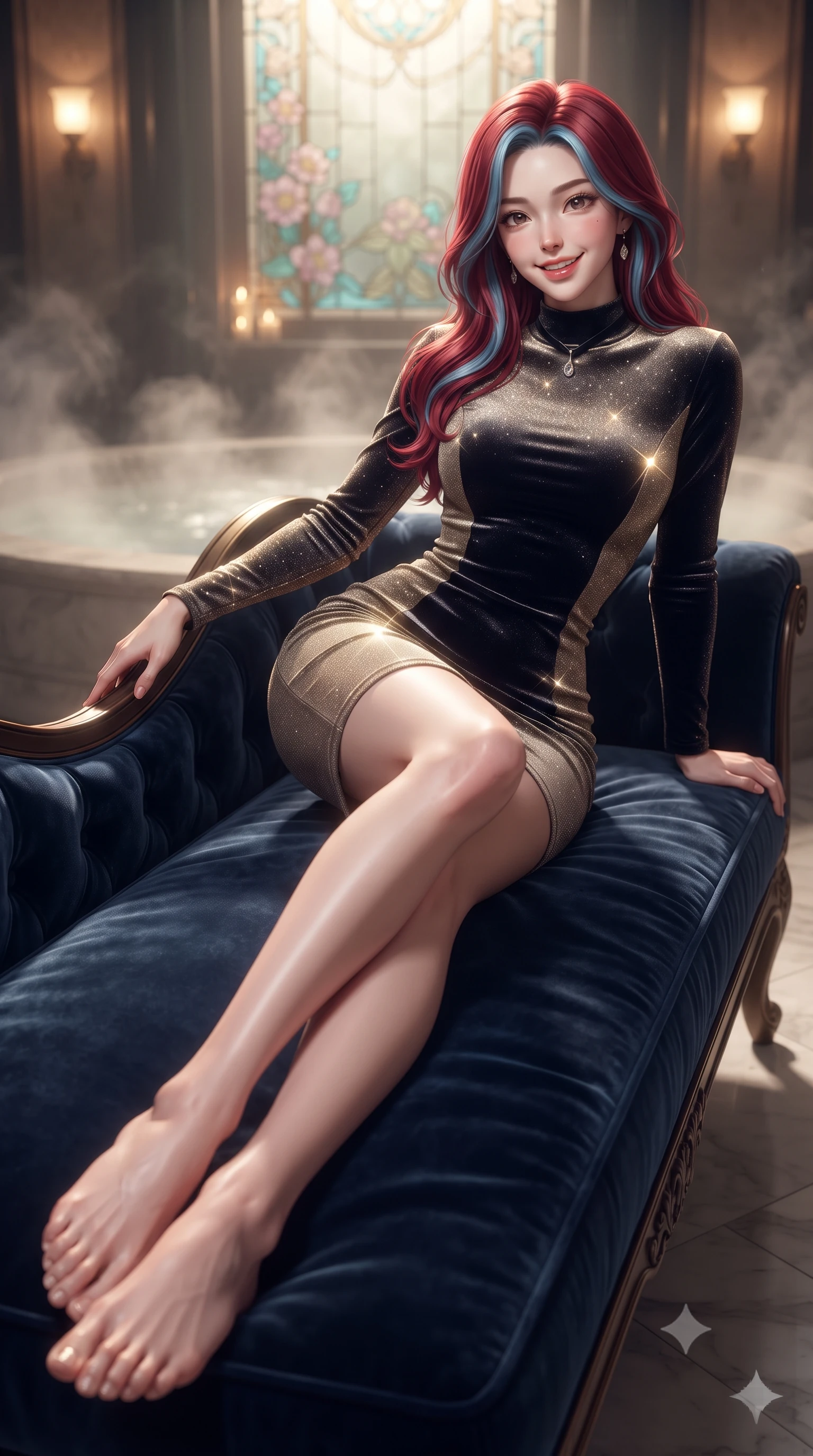 score_9, masterpiece, best quality, ultra-detailed, high-budget anime keyframe, editorial fashion photography, tasteful artistic composition, Caucasian woman. low angle full-body shot from head to toe showing her feet, filling the entire 9:16 vertical frame with her statuesque presence, stretching her vertical silhouette. reclining gracefully across the plush chaise lounge with one leg extended, her sculpted silhouette and flat midriff radiating magnetic nocturnal glamour while twisting her slender torso in an alluring contrapposto stance, shimmering turquoise water caustics and floral stained-glass light tracing her narrow waist and curvy hips. The background shows a soft-focus rising thermal bath vapor softened in Jugendstil private spa shallow focus. She has an exceptionally tall and slender model-like 8.5-heads proportion, an ultra-slim waist, a flat toned midriff, narrow delicate ribcage, and beautifully sculpted feminine hips creating a graceful, slim hourglass silhouette without any bulky heaviness, with impossibly long slender legs. sharp v-shaped jawline, high-bridge nose, intricate jewel-like sparkling eyes with depth, thick eyelashes, glossy parted lips with a natural peach sheen, bright cheerful beaming smile with an enchanting and coquettish sensual glint, exuding both youthful cute charm and seductive allure, flawlessly proportioned anatomical accuracy, strict slender model proportions, natural body alignment, perfectly sculpted long slender limbs, ultra-slim waistline, clean dynamic posture without body distortion. wearing a tailored velvet bodycon cocktail dress with long fitted sleeves and mock neck in deep midnight obsidian black and champagne gold, woven from stretch metallic lurex jersey casting radiant starlight glints across her curves, finished with a thin velvet ribbon choker and a single teardrop diamond pendant, the form-contouring silhouette accentuating her sculpted flat midriff, narrow delicate ribcage, and gracefully curvy hips with intoxicating allure. bathed in underwater pool turquoise LEDs combined with warm 2500K sconce glows and moonbeams through stained glass. ultra-reflective glossy finish, specular highlights, rich textural contrasts, high-contrast stereoscopic depth, volumetric dynamic lighting, 2k, ultra detail, master piece, 9:16 ratio
