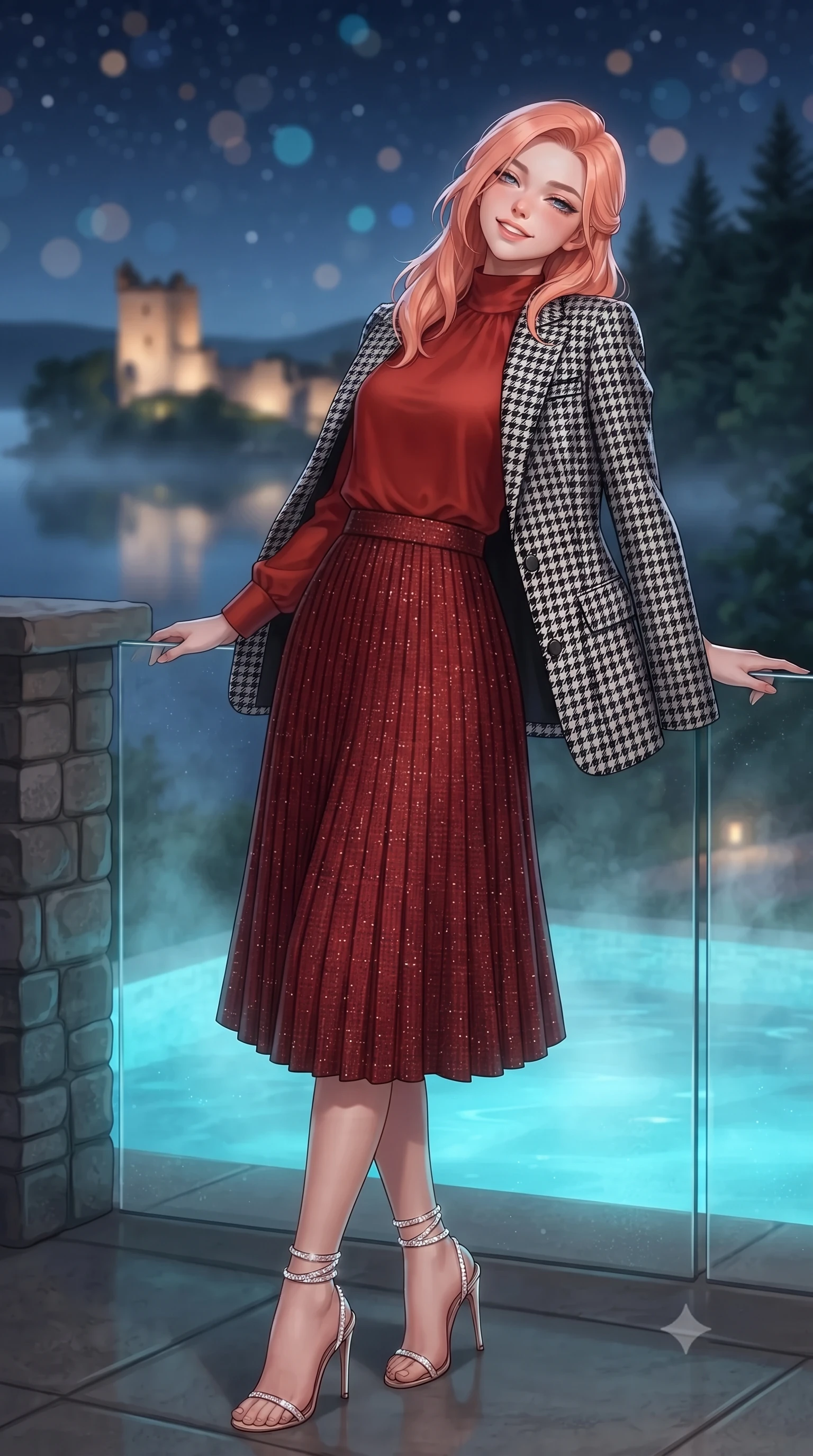 score_9, masterpiece, best quality, ultra-detailed, high-budget anime keyframe, editorial fashion photography, tasteful artistic composition, Japanese woman. close-up cowboy shot from the waist and thighs up, the character dominates the composition, filling the frame with her large presence. leaning back against the balustrade with relaxed seductive grace, head tilted back slightly while casting a hypnotic, heavy-lidded gaze while twisting her slender torso in an alluring S-curve beside the infinity plunge pool, warm cedar steam and moonlight tracing her flat midriff and hourglass curves. The background shows a soft-focus illuminated silhouette of Urquhart Castle tower across misty black loch waters, dense Scottish pine forests, and starry night sky blurred into topaz, slate, and sapphire bokeh. She has an exceptionally elegant, slender, and willowy female figure with an ultra-slim waist, flat toned midriff, narrow ribcage, and sculpted feminine hips creating an alluring, slim hourglass silhouette without bulk. sharp v-shaped jawline, high-bridge nose, intricate jewel-like sparkling eyes with depth, thick eyelashes, glossy parted lips with a natural peach sheen, bright cheerful beaming smile with an enchanting and coquettish sensual glint, exuding both youthful cute charm and seductive allure, flawlessly proportioned anatomical accuracy, strict slender model proportions, natural body alignment, perfectly sculpted long slender limbs, ultra-slim waistline, clean dynamic posture without body distortion. wearing a bespoke Normandy houndstooth equestrian blazer draped over a high-neck silk crepe blouse and pleated midi skirt in Reinefjorden rorbu vermilion red and obsidian granite, woven from structured British tweed with subtle metallic flecks, complemented by strappy stiletto sandals with crystal ankle wraps accentuating her slender calves, the impeccably tailored cut draping gracefully along her slender figure with aristocratic poise. bathed in underwater pool turquoise-cyan LEDs combined with soft warm 2700K interior cove lighting through glass. ultra-reflective glossy finish, specular highlights, rich textural contrasts, high-contrast stereoscopic depth, volumetric dynamic lighting, 2k, ultra detail, master piece, 9:16 ratio