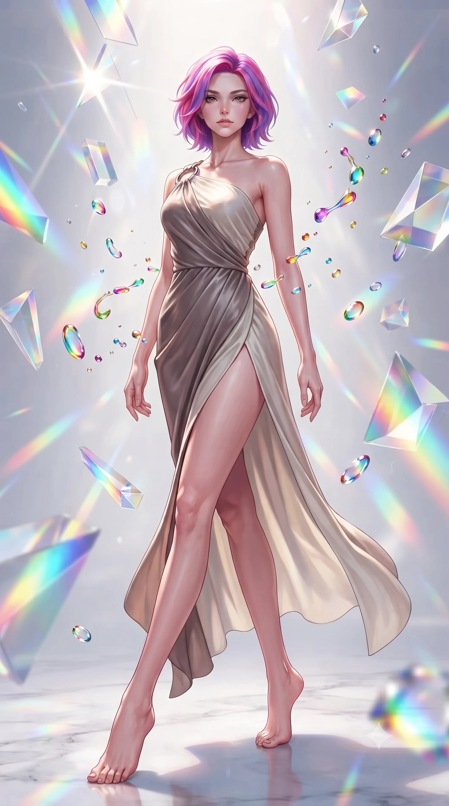 score_9, masterpiece, best quality, ultra-detailed, high-budget anime keyframe, editorial fashion photography, tasteful artistic composition, Caucasian woman. low angle full-body shot from head to toe showing her feet, filling the entire 9:16 vertical frame with her statuesque presence, stretching her vertical silhouette. navigating the luminous space with effortless poise, displaying her perfect model proportions interacting with floating glass prisms that refract liquid light into rainbows, vibrant paint droplets frozen in time casting specular highlights. She has an absolutely perfect, statuesque 8.5-heads proportion, an exceptionally tall and slender model-like female figure with impossibly long slender legs and an ultra-slim waist. sharp v-shaped jawline, high-bridge nose, intricate jewel-like eyes with depth, thick eyelashes, glossy lips with a natural sheen. wearing an asymmetrical Grecian draped chiffon gown with a metallic shoulder ring in muted taupe and soft ivory, made of premium stretch velvet with a rich sheen, finished with a sleek side slit ascending to mid-thigh, the sleek second-skin texture accentuating her magnetic presence. illuminated by brilliant multi-color rainbow light refracting through glass. highly saturated vibrant anime colors, detailed shading with soft gradients, rich glossy textures, high-contrast stereoscopic depth, volumetric dynamic lighting, master piece, 9:16 ratio