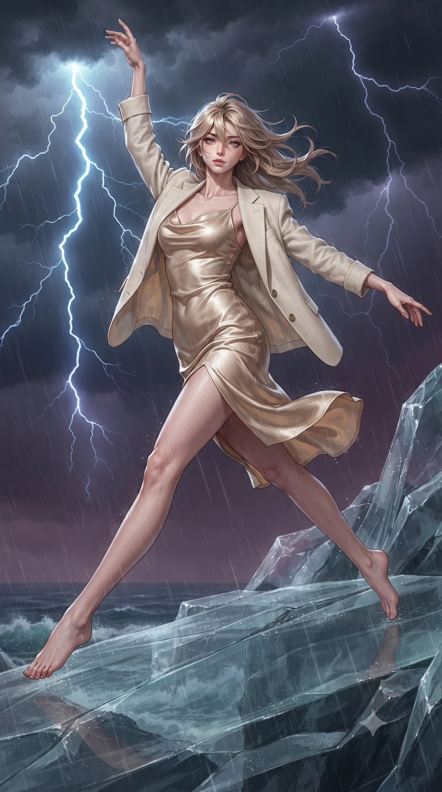 score_9, masterpiece, best quality, ultra-detailed, high-budget anime keyframe, editorial fashion photography, tasteful artistic composition, Japanese woman. low angle full-body shot from head to toe showing her feet, filling the entire 9:16 vertical frame with her statuesque presence, stretching her vertical silhouette. leaping gracefully through standing on translucent glass cliffs during a violent thunderstorm with forked lightning splitting the dark sky rain hammering the glass surface and the churning ocean visible far below through the transparent rock. She has a statuesque 8.5-heads proportion, an exceptionally tall, slender and willowy model-like build with impossibly long legs and a highly sculpted ultra-slim waist. sharp v-shaped jawline, high-bridge nose, intricate jewel-like eyes with depth, thick eyelashes, glossy lips with a natural sheen. wearing a champagne gold cowl-neck satin slip dress that drapes and clings to her slender figure, layered with a cream linen blazer. dramatic stroboscopic lightning flashes in electric blue-white against the dark storm sky with brief moments of total illumination followed by deep atmospheric purple-grey darkness. 2k, ultra detail, master piece, 9:16 ratio