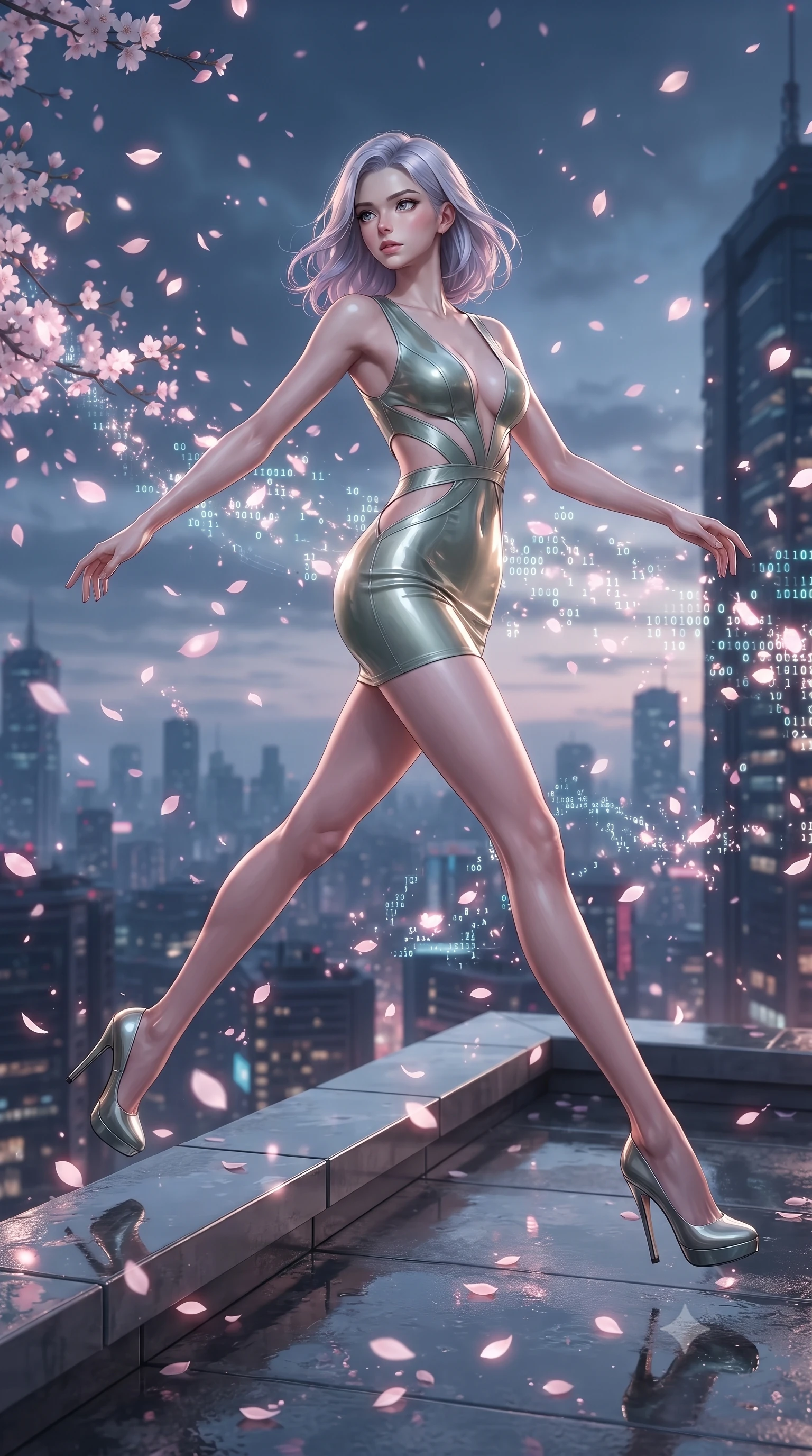 score_9, masterpiece, best quality, ultra-detailed, high-budget anime keyframe, editorial fashion photography, tasteful artistic composition, Caucasian woman. low angle full-body shot from head to toe showing her feet, filling the entire 9:16 vertical frame with her statuesque presence, stretching her vertical silhouette. leaping gracefully through mid-air with statuesque elegance, her impossibly long slender legs stretched in perfect balance while leaping across the ledge of a skyscraper rooftop as digital sakura petals blizzard around her, digital sakura petals flickering into binary code sparks as they float by. She has an absolutely perfect, statuesque 8.5-heads proportion, an exceptionally tall and slender model-like female figure with impossibly long slender legs and an ultra-slim waist. sharp v-shaped jawline, high-bridge nose, intricate jewel-like eyes with depth, thick eyelashes, glossy lips with a natural sheen, flawlessly proportioned anatomical accuracy, natural body alignment, perfectly sculpted elegant limbs, clean dynamic posture without body distortion. wearing a liquid mercury gloss mini dress with ultra-deep V-neck and waist cutouts in sage green and oatmeal, crafted from smooth liquid silk, featuring clean architectural cutouts along her slender torso, the sleek second-skin texture accentuating her magnetic presence. illuminated by glowing holographic sakura radiance and wet specular reflections. ultra-reflective glossy finish, specular highlights, metallic sheen, high-contrast stereoscopic depth, volumetric dynamic lighting, 2k, ultra detail, master piece, 9:16 ratio