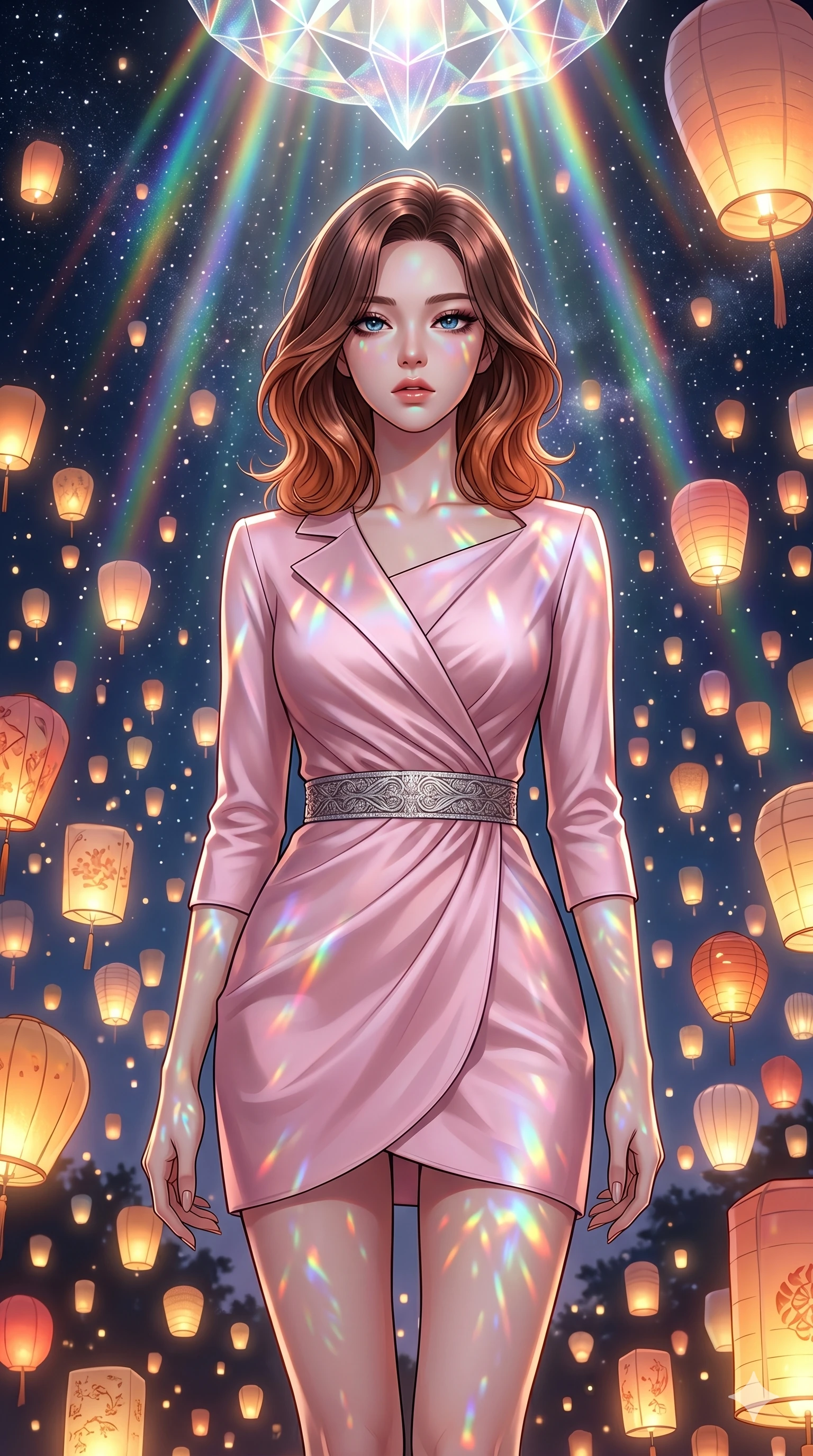 score_9, masterpiece, best quality, ultra-detailed, high-budget anime keyframe, editorial fashion photography, tasteful artistic composition, Korean woman. cowboy shot from the thighs up, character and outfit filling the frame for maximum editorial presence. Casting a slow, direct gaze beneath heavy lashes with quiet intensity within a sanctuary where hundreds of glowing paper lanterns float up towards a starry sky. She has an absolutely perfect 8-heads proportion, an exceptionally tall and slender female figure with impossibly long slender legs and an ultra-slim waist. V-shaped jawline, high-bridge nose, intricate jewel-like eyes with depth, thick eyelashes, glossy lips with a natural sheen. wearing a modernized wrapping dress in pastel pink silk with an asymmetric collar line, three-quarter sleeves, and a silver metallic belt cinching the waist. illuminated by cascading rainbow prismatic light refracting through crystal overhead and casting patterns on her skin. 2k, ultra detail, master piece, 9:16 ratio