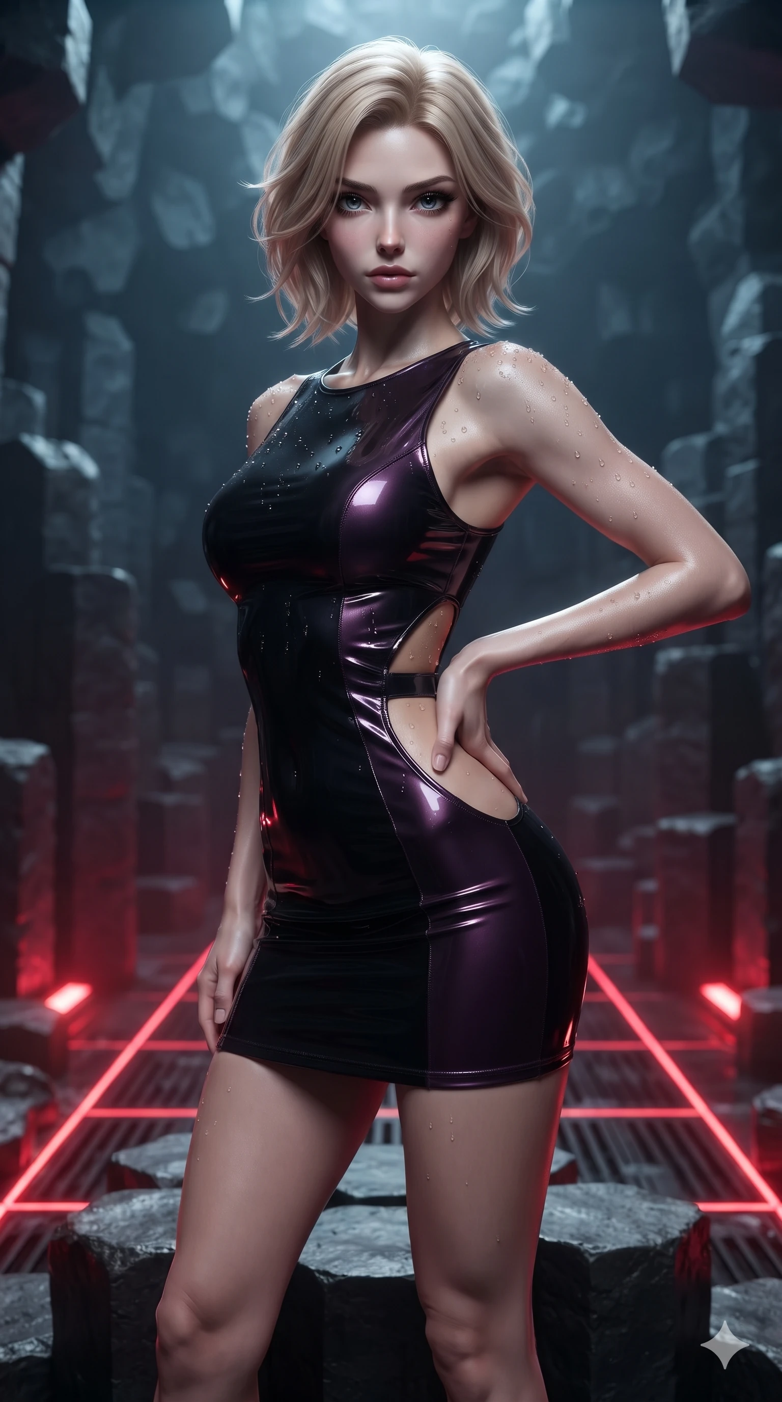 score_9, masterpiece, best quality, ultra-detailed, high-budget anime keyframe, editorial fashion photography, tasteful artistic composition, Caucasian woman. close-up cowboy shot from the waist and thighs up, the character dominates the composition, filling the frame with her large presence. twisting her slender torso in a deep contrapposto stance, hips dramatically shifted to accentuate her feminine curves while standing tall atop a stepped basalt hexagonal column, one hand on her hip as she looks into the lens with smoldering, dangerous intensity. The surrounding environment is rendered in vivid detail and crisp panoramic clarity: sharp hexagonal column joint seams, natural volcanic rock micro-textures, and glowing floor grille lines in deep focus. She has an exceptionally elegant, slender, and willowy female figure with an ultra-slim waist, flat toned midriff, narrow ribcage, and sculpted feminine hips creating an alluring, slim hourglass silhouette without bulk. sharp v-shaped jawline, high-bridge nose, intricate jewel-like dark sparkling eyes with hypnotic seductive depth, thick curled eyelashes, glossy parted lips with a natural wine sheen, alluring bedroom-eyes with an enigmatic smoldering smile, exuding magnetic sovereign charisma and dark avant-garde glamour, flawlessly proportioned anatomical accuracy, strict slender model proportions, natural body alignment, perfectly sculpted long slender limbs, ultra-slim waistline, clean dynamic posture without body distortion. wearing a liquid-look wet vinyl micro-mini dress clinging like a second skin with hip-high side cutouts in obsidian black and dark plum violet, crafted from wet-look high-gloss vinyl fabric with dazzling specular surface reflections, finished with glistening moisture droplets beading across her sculpted shoulders and flat midriff, the bespoke structured tailoring following the natural line of her 8.5-heads silhouette with refined elegance. bathed in sharp crimson laser floor uplights cutting through cold cavern shadows. ultra-reflective glossy finish, specular highlights, metallic sheen, high-contrast stereoscopic depth, volumetric dynamic lighting, 2k, ultra detail, master piece, 9:16 ratio
