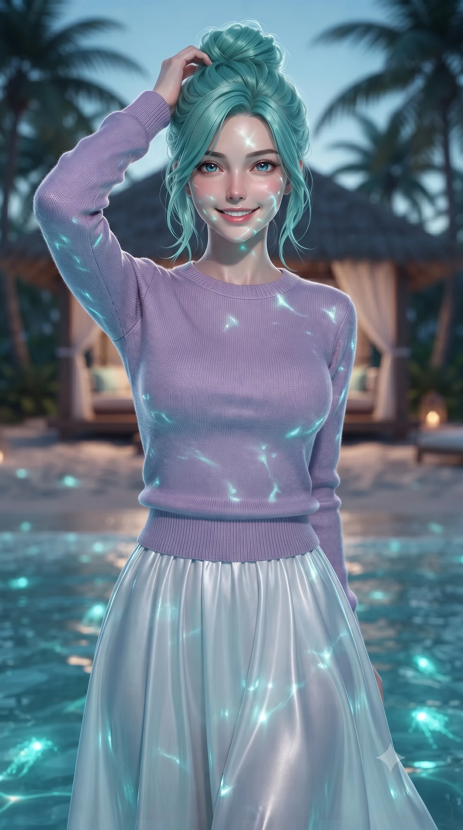 score_9, masterpiece, best quality, ultra-detailed, high-budget anime keyframe, editorial fashion photography, tasteful artistic composition, Japanese woman. close-up cowboy shot from the waist and thighs up, the character dominates the composition, filling the frame with her large presence, background elements kept in soft focus. smiling with quiet, magnetic self-assurance directly into the camera, running a hand through her hair the background shows a soft-focus a secluded beachside cabana surrounded by palm trees and glowing sea plankton. She has an exceptionally elegant, slender, and willowy female figure with an ultra-slim waist, a gracefully sculpted slender torso, and a refined silhouette. sharp v-shaped jawline, high-bridge nose, intricate jewel-like eyes with depth, thick eyelashes, glossy lips with a natural sheen. wearing a slim-fit comfortable lavender knit sweater paired with a flowy white cotton maxi skirt. shifting turquoise light reflections from the water surface mapping across her features. ultra-reflective glossy finish, specular highlights, metallic sheen, high-contrast stereoscopic depth, volumetric dynamic lighting, 2k, ultra detail, master piece, 9:16 ratio