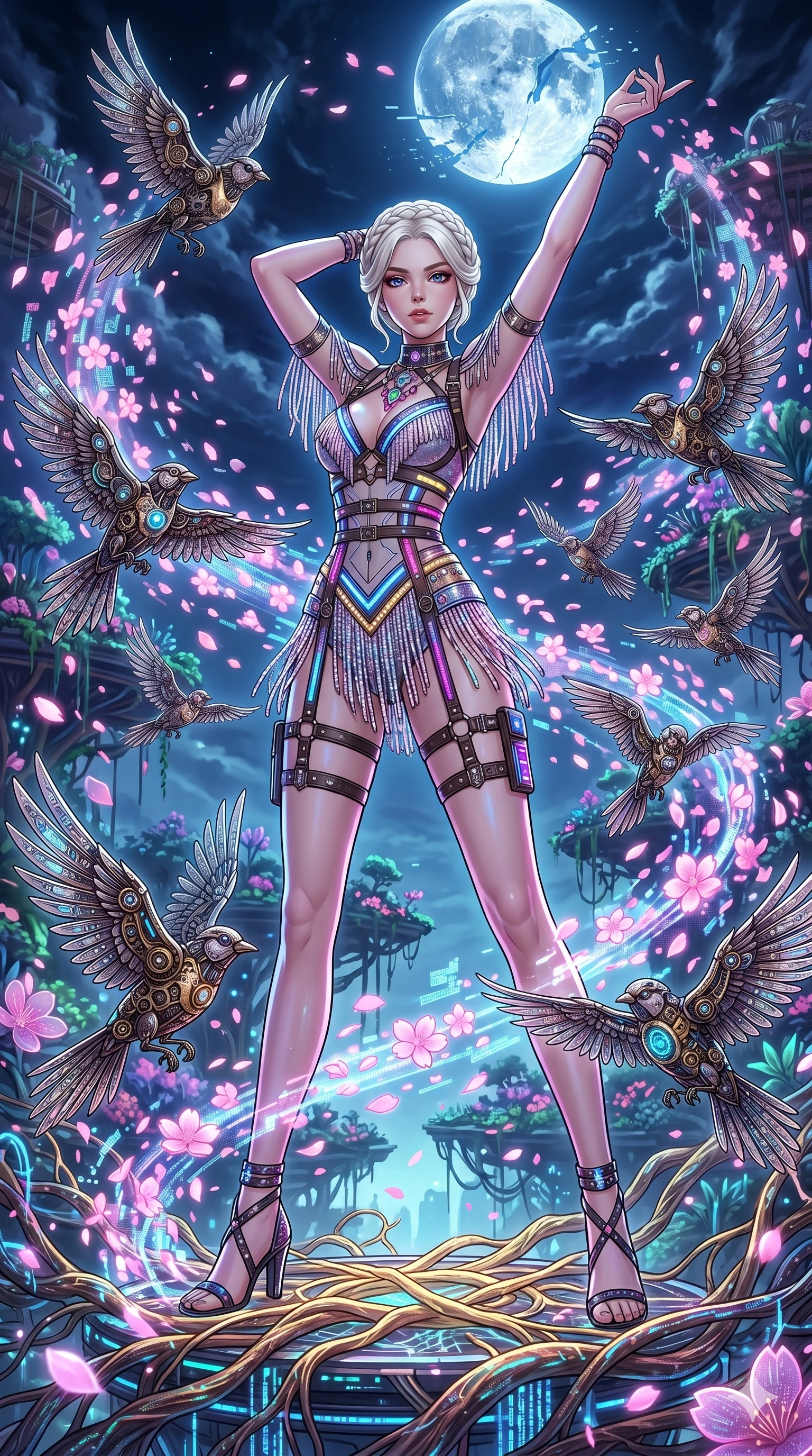 score_9, masterpiece, best quality, ultra-detailed, Set A: High-budget Anime Keyframe, Japanese woman. Low angle cowboy shot filling the entire 9:16 frame with her statuesque presence. Standing victoriously through a floating botanical garden, surrounded by a whirlwind of 12 mechanical birds and surrounded by digital sakura petals. She has an absolutely perfect 8-heads proportion, an exceptionally tall and slender female figure with impossibly long slender legs and an ultra-slim waist. Sharp v-shaped jawline, high-bridge nose, intricate jewel-like eyes with depth, thick eyelashes, glossy lips with a natural sheen. Wearing Cyberpunk idol stage outfit with glittery fringes, leather straps, and glowing LED accents. Cinematic lighting, vibrant colors, dramatic shadows, 2k, ultra detail, master piece, 9:16 ratio