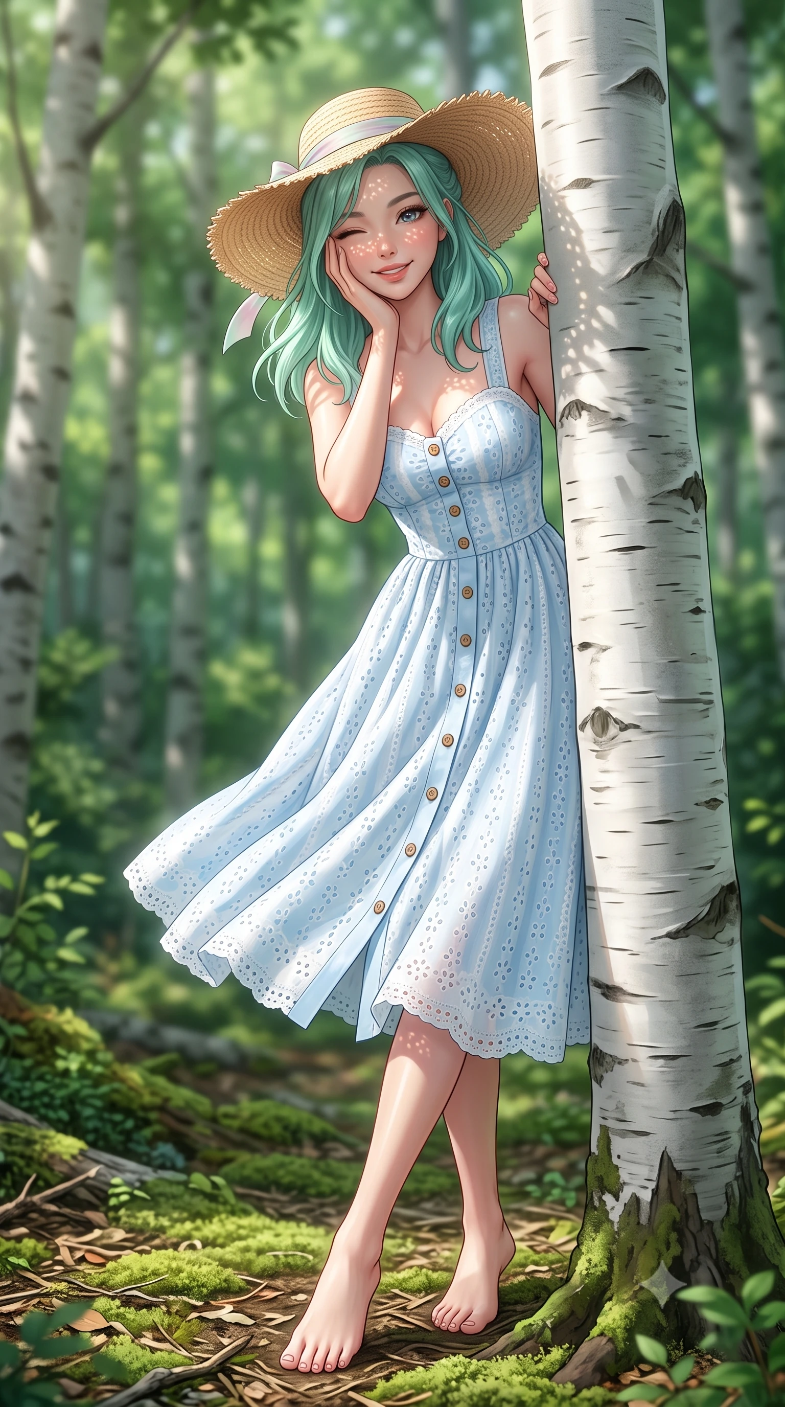 score_9, masterpiece, best quality, ultra-detailed, high-budget anime keyframe, semi-realistic 3D game render, editorial fashion photography, tasteful artistic composition, Japanese woman. low angle full-body shot from head to toe showing her feet, filling the entire 9:16 vertical frame with her statuesque presence, stretching her vertical silhouette. pivoting dynamically with a fresh infectious smile, her ultra-slim waist and long slender legs creating a fluid graceful line while peeking playfully from behind a smooth white birch tree trunk with a charming wink and infectious bright smile. The surrounding environment is rendered in vivid detail and crisp panoramic clarity. intricate woodland chiaroscuro and pristine natural forest ecosystems captured with precision. She has an absolutely perfect, statuesque 8.5-heads proportion, an exceptionally tall and slender model-like female figure with impossibly long slender legs, a toned flat midriff, and an ultra-slim waist. sharp v-shaped jawline, high-bridge nose, intricate jewel-like eyes with depth, thick eyelashes, glossy lips with a natural sheen, pure and lovely fresh girlhood expression, flawlessly proportioned anatomical accuracy, strict slender model proportions, natural body alignment, perfectly sculpted long slender limbs, ultra-slim waistline, clean dynamic posture without body distortion. wearing an airy eyelet lace cotton midi dress with a sweetheart neckline and wooden front buttons in gentle baby blue and cloud white, knitted from ultra-soft cozy baby-cashmere yarn, paired with a wide-brim woven straw hat tied with a pastel ribbon, the breezy lightweight fabric fluttering softly against her delicate collarbones, narrow waist, and feminine curves. illuminated by soft natural dappled forest light creating playful sun patterns across her face and dress. highly saturated vibrant anime colors, detailed shading with soft gradients, rich glossy textures, high-contrast stereoscopic depth, volumetric dynamic lighting, master piece, 9:16 ratio
