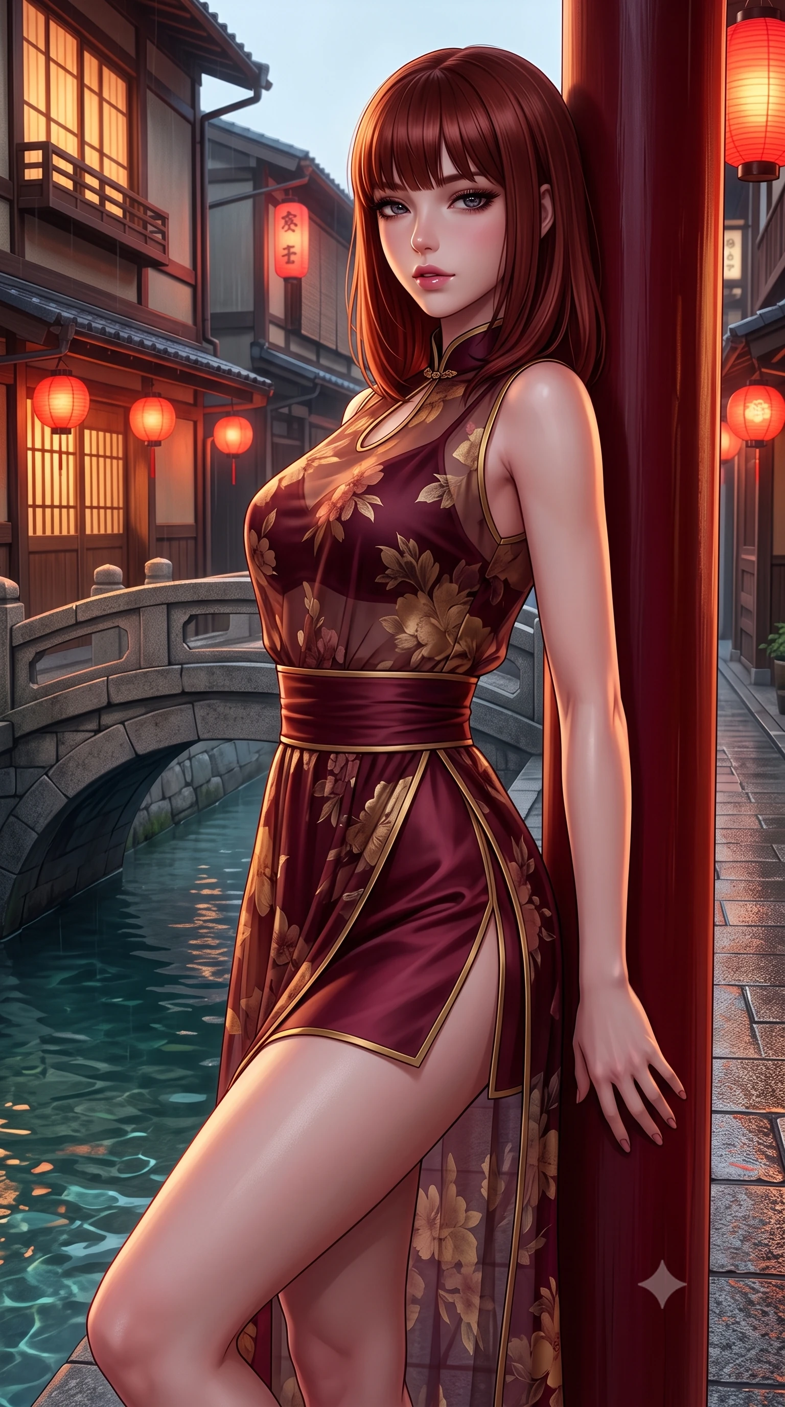 score_9, masterpiece, best quality, ultra-detailed, high-budget anime keyframe, semi-realistic 3D game render, editorial fashion photography, tasteful artistic composition, Caucasian woman. close-up cowboy shot from the waist and thighs up, the character dominates the composition, filling the frame with her large presence. leaning back against the red lacquer pillar with relaxed seductive grace, her flat midriff and narrow waist highlighted as warm lantern light traces her curves while standing poised on the ancient arched stone bridge above the clear canal water, arching her spine with sovereign geisha-inspired poise. The surrounding environment is rendered in vivid detail and crisp panoramic clarity: detailed brocade fabric weave, rain-kissed pavement sheen, and traditional Kyoto street architecture in razor-sharp clarity. She has an exceptionally elegant, slender, and willowy female figure with an ultra-slim waist, flat toned midriff, narrow ribcage, and sculpted feminine hips creating an alluring, slim hourglass silhouette without bulk. sharp v-shaped jawline, high-bridge nose, intricate jewel-like dark sparkling almond eyes with depth, thick lashes, glossy parted lips with a natural rose-plum sheen, bright alluring and coquettish smile with bedroom-eyes, exuding both timeless oriental elegance and sovereign high-fashion allure, flawlessly proportioned anatomical accuracy, strict slender model proportions, natural body alignment, perfectly sculpted long slender limbs, ultra-slim waistline, clean dynamic posture without body distortion. wearing a delicate semi-sheer floral chiffon kaftan slip dress layered over a matching silk slip, accentuating her slender waist and hips in deep wine burgundy and brushed antique gold, made of supple second-skin stretch silk jersey clinging flawlessly to her form, finished with sharp laser-cut side hip slits framed by gold piping, the high-waisted wrap tailoring accentuating her ultra-slim waistline and the enchanting curve of her feminine hips with alluring oriental charm. bathed in the warm nostalgic glow of red paper street lanterns and teahouse window spill. highly saturated vibrant anime colors, detailed shading with soft gradients, rich glossy textures, high-contrast stereoscopic depth, volumetric dynamic lighting, master piece, 9:16 ratio