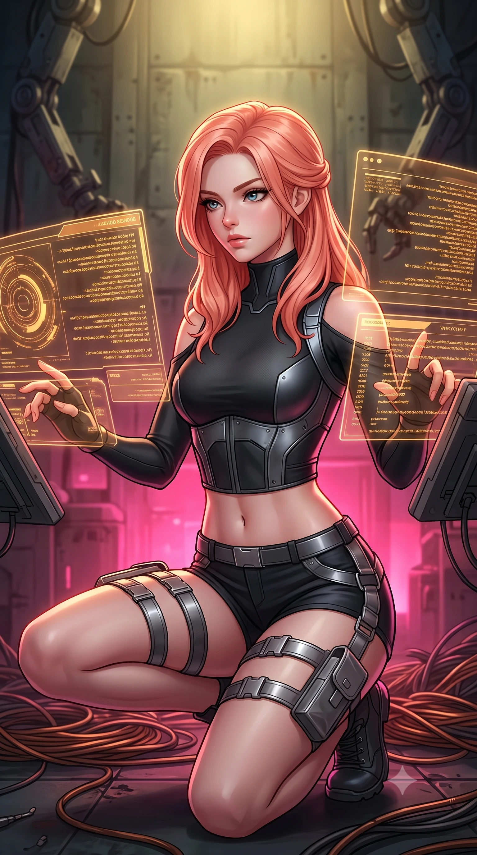 score_9, masterpiece, best quality, ultra-detailed, high-budget anime keyframe, editorial fashion photography, tasteful artistic composition, Japanese woman. close-up cowboy shot from the waist and thighs up, the character dominates the composition, filling the frame with her large presence, background elements kept in soft focus. Hacking a security terminal in a low crouch, fingers moving in a blur as amber code screens surround her. set against a soft-focus background of a dark assembly hall of a defunct prosthetics facility, with giant mechanical arms frozen in place and copper wiring strewn on the floor. She has an exceptionally elegant and slender, willowy female figure with an ultra-slim waist, a gracefully sculpted slender torso, and a refined slim physique. sharp v-shaped jawline, high-bridge nose, intricate jewel-like eyes with depth, thick eyelashes, glossy lips with a natural sheen. wearing tailored for maximum mobility, sleek form-contouring panels that allow fluid movement, a slim-fit cyber-warrior corset-style crop top with exposed shoulders, paired with high-waisted micro-shorts and metallic thigh straps. highly saturated vibrant anime colors, intense vivid color palette, soft 3D volumetric shading, volumetric dynamic lighting, dramatic contrast of hot pink furnace glow from below and cool golden light from above. 2k, ultra detail, master piece, 9:16 ratio