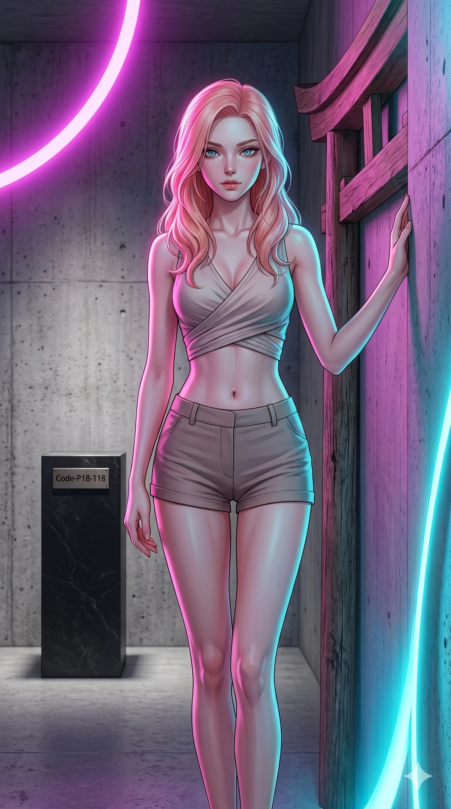 score_9, masterpiece, best quality, ultra-detailed, high-budget anime keyframe, editorial fashion photography, tasteful artistic composition, Japanese woman. cowboy shot from the thighs up, character and outfit filling the frame for maximum editorial presence. resting one hand on a wooden torii gate, casting a bedroom-eyes gaze directly at the lens inside a concrete minimalist gallery featuring a single black stone pedestal (Code-P18-118). She has an absolutely perfect 8-heads proportion, an exceptionally tall and slender female figure with impossibly long slender legs and an ultra-slim waist. V-shaped jawline, high-bridge nose, intricate jewel-like eyes with depth, thick eyelashes, glossy lips with a natural sheen. wearing a wrap top exposing her bare midriff and micro-shorts. intense magenta and cyan holographic ring lights casting colorful highlights on her. 2k, ultra detail, master piece, 9:16 ratio