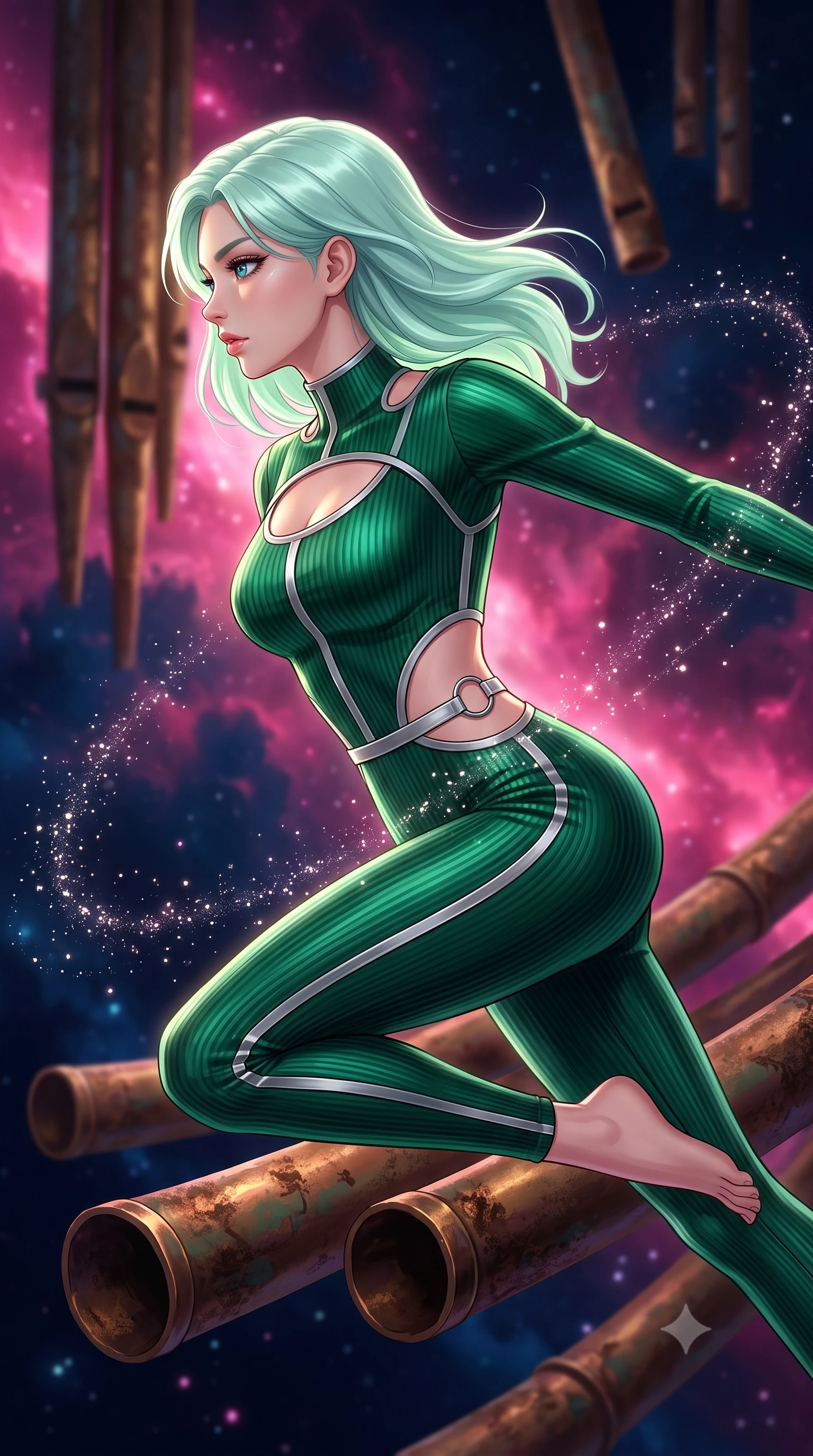 score_9, masterpiece, best quality, ultra-detailed, high-budget anime keyframe, editorial fashion photography, tasteful artistic composition, Japanese woman. close-up cowboy shot from the waist and thighs up, the character dominates the composition, filling the frame with her large presence, background elements kept in soft focus. Turning her face in sharp profile while her upper body leans forward with poised athletic grace while leaping gracefully across massive bronze pipe organ tubes suspended in deep space, floating starlight dust drifting around her in dynamic orbital paths. She has an exceptionally elegant, slender, and willowy female figure with an ultra-slim waist, a gracefully sculpted slender torso, and a refined silhouette. sharp v-shaped jawline, high-bridge nose, intricate jewel-like eyes with depth, thick eyelashes, glossy lips with a natural sheen, flawlessly proportioned anatomical accuracy, natural body alignment, perfectly sculpted elegant limbs, clean dynamic posture without body distortion. wearing a form-fitting ribbed activewear set with elegant collar cutouts in deep emerald green and silver accent, made of premium stretch velvet with a rich sheen, accented with delicate chrome ring hardware framing her waist, the elegant draped fit framing her graceful clavicle and slender torso. bathed in dramatic cosmic pink and navy nebula backlighting with gold key light. highly saturated vibrant anime colors, detailed shading with soft gradients, rich glossy textures, high-contrast stereoscopic depth, volumetric dynamic lighting, master piece, 9:16 ratio