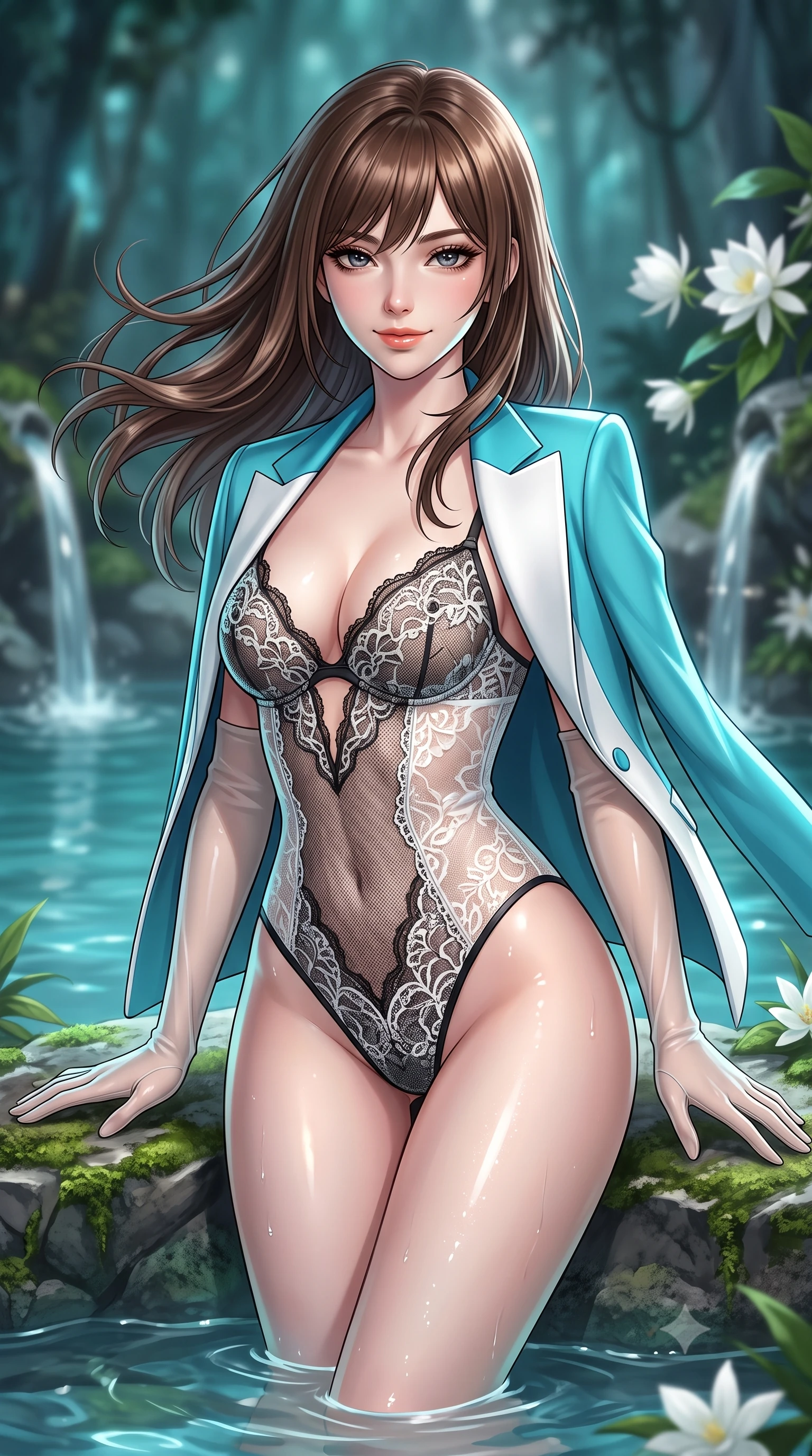 score_9, masterpiece, best quality, ultra-detailed, high-budget anime keyframe, semi-realistic 3D game render, editorial fashion photography, tasteful artistic composition, Korean woman. close-up cowboy shot from the waist and thighs up, the character dominates the composition, filling the frame with her large presence. turning slowly with an enchanting smoldering smile, her glossy hair tossing in the breeze as her hips angle gracefully in a captivating contrapposto while lounging in the shallow natural spring shelf propped on both hands, her statuesque 8.5-heads silhouette radiating breathtaking tropical sensuality. The background shows a soft-focus sacred spring water fountains pouring into the lagoon, exotic night-blooming white jasmine, and dense jungle vegetation blurred into teal, silver, and obsidian bokeh. She has an exceptionally elegant, slender, and willowy female figure with an ultra-slim waist, flat toned midriff, narrow ribcage, and sculpted feminine hips creating an alluring, slim hourglass silhouette without bulk. sharp v-shaped jawline, high-bridge nose, sparkling eyes with hypnotic seductive depth, thick curled eyelashes, glossy parted lips with a natural dewy peach sheen, alluring bedroom-eyes with an enchanting coquettish smile, exuding magnetic siren charisma and sophisticated glamour, flawlessly proportioned anatomical accuracy, strict slender model proportions, natural body alignment, perfectly sculpted long slender limbs, ultra-slim waistline, clean dynamic posture without body distortion. wearing a delicate sheer French Chantilly lace teddy layered under an open tailored tuxedo blazer draped over bare shoulders in Capri turquoise and pure pearl white, tailored from fine structural neoprene with crisp architectural edges and smooth contouring, complemented by sheer opera-length evening gloves tracing her slender arms, the glove-like clinging cut tightly following the natural contour of her hips and long slender legs with youthful 8.5-heads elegance. illuminated by spring water specular reflections and sharp platinum-turquoise rim lights sculpting her jawline, flat midriff, and curvy hips. highly saturated vibrant anime colors, detailed shading with soft gradients, rich glossy textures, high-contrast stereoscopic depth, volumetric dynamic lighting, master piece, 9:16 ratio