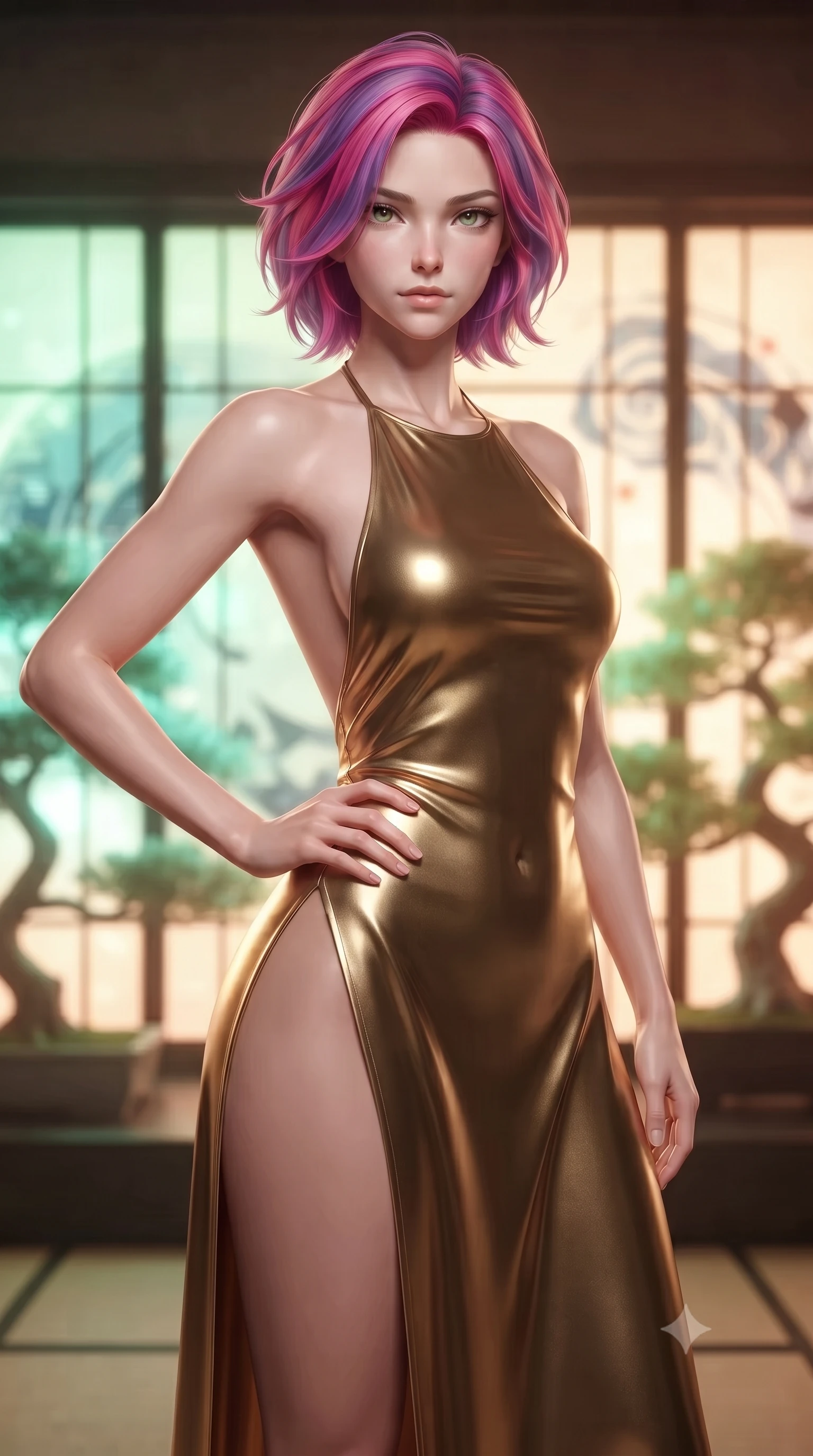 score_9, masterpiece, best quality, ultra-detailed, high-budget anime keyframe, editorial fashion photography, tasteful artistic composition, Caucasian woman woman. close-up cowboy shot from the waist and thighs up, the character dominates the composition, filling the frame with her large presence, background elements kept in soft focus. She has an exceptionally elegant, slender, and willowy female figure with an ultra-slim waist, a gracefully sculpted slender torso, and a refined silhouette. holding a confident power pose with one hand on her hip, looking directly into the camera with quiet self-assurance, flawlessly proportioned anatomical accuracy, natural body alignment, perfectly sculpted elegant limbs, clean dynamic posture without body distortion. set against a soft-focus background of a cyber-zen tea room with digital shoji screens and bonsai. wearing a backless metallic gold halter gown with a daring high side slit to mid-thigh. bathed in soft warm wooden ambient glow with gentle green digital plant highlights. ultra-reflective glossy finish, specular highlights, metallic sheen, high-contrast stereoscopic depth, volumetric dynamic lighting, 2k, ultra detail, master piece, 9:16 ratio