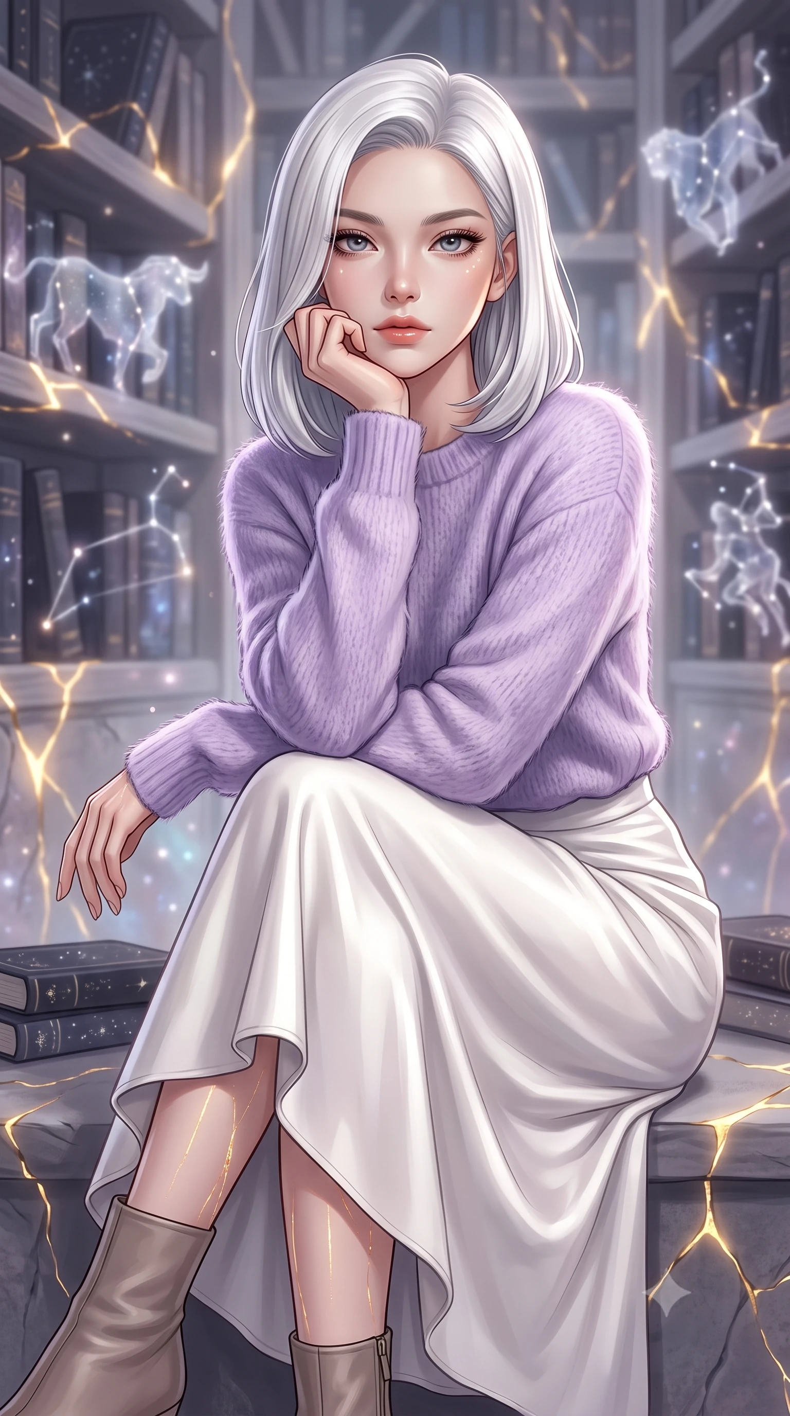 score_9, masterpiece, best quality, ultra-detailed, high-budget anime keyframe, editorial fashion photography, tasteful artistic composition, Korean woman. close-up cowboy shot from the waist and thighs up, the character dominates the composition, filling the frame with her large presence, background elements kept in soft focus. Resting her chin on the backs of her fingers in a confident pose. set against a soft-focus background of an impossible library where living star charts serve as pages in books of dark matter the constellation figures physically moving along bookshelves made of compressed starlight and nebula dust. She has an exceptionally elegant and slender, willowy female figure with an ultra-slim waist, a gracefully sculpted slender torso, and a refined slim physique. sharp v-shaped jawline, high-bridge nose, intricate jewel-like eyes with depth, thick eyelashes, glossy lips with a natural sheen. wearing a soft lavender mohair knit sweater paired with a flowing white satin midi skirt and taupe ankle boots. glowing kintsugi gold light radiating from cracks in the environment creating a majestic inner glow. 2k, ultra detail, master piece, 9:16 ratio