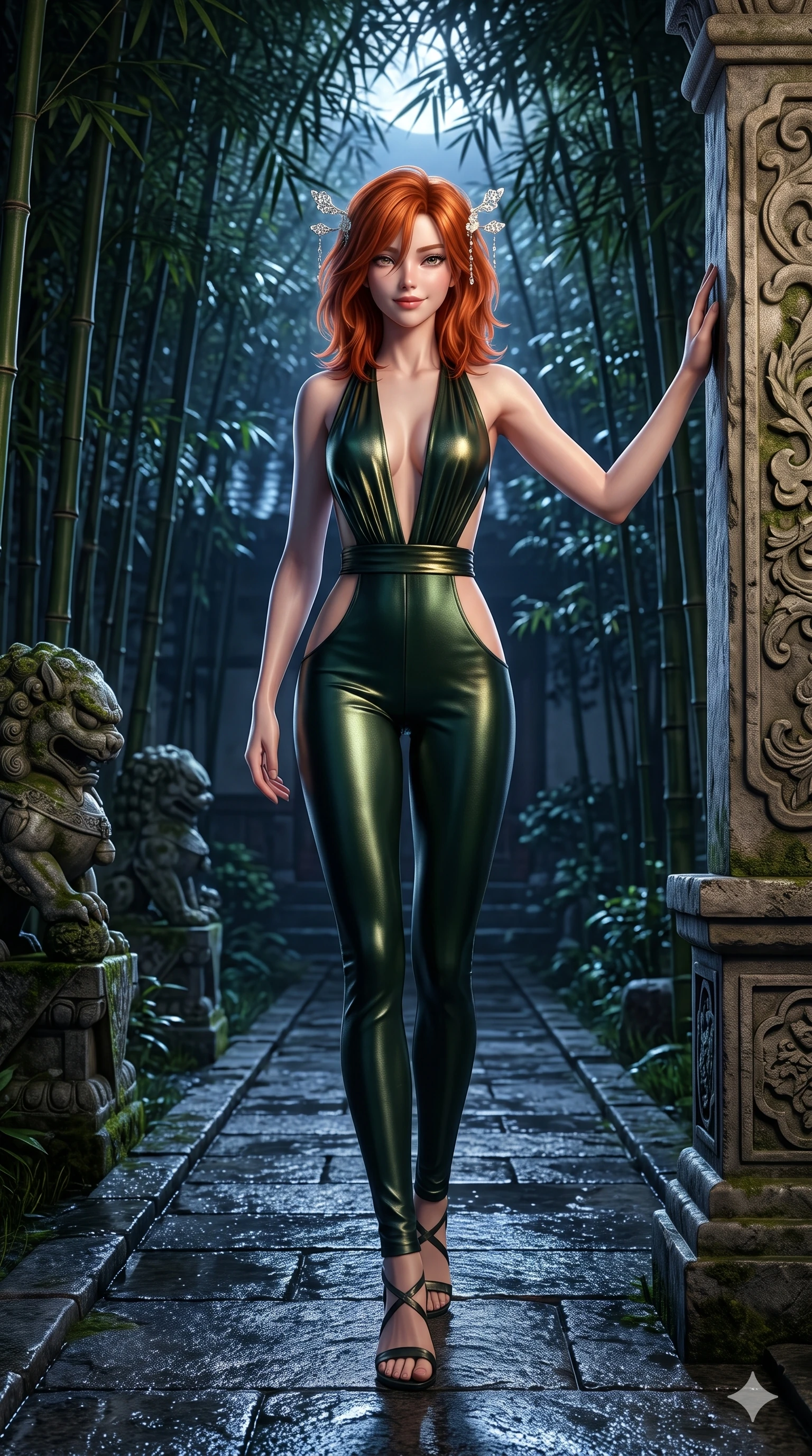 score_9, masterpiece, best quality, ultra-detailed, high-budget anime keyframe, semi-realistic 3D game render, editorial fashion photography, tasteful artistic composition, Korean woman. low angle full-body shot from head to toe showing her feet, filling the entire 9:16 vertical frame with her statuesque presence, stretching her vertical silhouette. standing tall beside the architectural column, one hand resting high while arching her lower back to emphasize her sculpted feminine hips and slender waist while stepping forward along the stone path with hypnotic grace, hips swaying in an alluring sensual rhythm that accentuates her curvy silhouette. The surrounding environment is rendered in vivid detail and crisp panoramic clarity: sharp bamboo node rings, moss lichen on carved stone statues, and wet granite path paving in deep focus. She has an absolutely perfect, statuesque 8.5-heads proportion, an exceptionally tall and slender model-like female figure with impossibly long slender legs, an ultra-slim waist, a flat toned midriff, narrow delicate ribcage, and beautifully sculpted feminine hips creating a graceful, slim hourglass silhouette without any bulky heaviness. sharp v-shaped jawline, high-bridge nose, sparkling eyes with hypnotic seductive depth, thick curled eyelashes, glossy parted lips with a natural dewy peach sheen, alluring bedroom-eyes with an enchanting coquettish smile, exuding magnetic siren charisma and sophisticated glamour, flawlessly proportioned anatomical accuracy, strict slender model proportions, natural body alignment, perfectly sculpted long slender limbs, ultra-slim waistline, clean dynamic posture without body distortion. wearing a backless liquid metallic lamé plunge halterneck jumpsuit with high-cut side hip cutouts in dark emerald forest and brushed antique gold, made of supple butter-soft lambskin leather with a subtle satin sheen, finished with delicate mother-of-pearl hairpin ornaments glinting in her dark glossy hair, the form-fitting cut adhering flawlessly to her sculpted flat midriff and slender torso, emphasizing her long leg lines and perfectly proportioned willowy build. bathed in crisp silver moonlight filtering down through dense bamboo canopies creating intricate linear shadows. highly saturated vibrant anime colors, detailed shading with soft gradients, rich glossy textures, high-contrast stereoscopic depth, volumetric dynamic lighting, master piece, 9:16 ratio