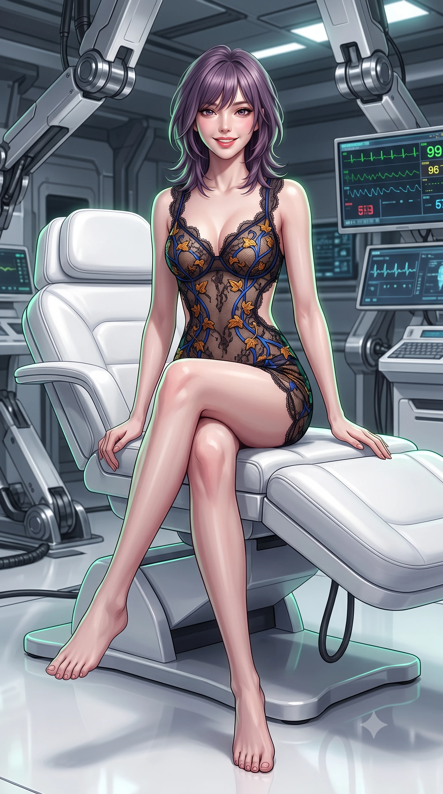score_9, masterpiece, best quality, ultra-detailed, high-budget anime keyframe, semi-realistic 3D game render, editorial fashion photography, tasteful artistic composition, Japanese woman. low angle full-body shot from head to toe showing her feet, filling the entire 9:16 vertical frame with her statuesque presence, stretching her vertical silhouette. stepping slowly toward the camera with hypnotic grace, hips swaying in an alluring sensual rhythm that accentuates her curvy hourglass silhouette and long slender legs while sitting gracefully on the sculpted white leather treatment chair with legs crossed, flashing a radiant, playful smile with parted glossy lips. The surrounding environment is rendered in vivid detail and crisp panoramic clarity: sharp brushed chrome robotic joint textures, flawless white resin floor reflections, and crisp diagnostic vitals readouts in deep focus. She has an exceptionally tall and slender model-like 8.5-heads proportion, an ultra-slim waist, a flat toned midriff, narrow delicate ribcage, and beautifully sculpted feminine hips creating a graceful, slim hourglass silhouette without any bulky heaviness, with impossibly long slender legs. sharp v-shaped jawline, high-bridge nose, intricate jewel-like sparkling eyes with depth, thick eyelashes, glossy parted lips with a natural peach sheen, bright cheerful beaming smile with an enchanting and coquettish sensual glint, exuding both youthful cute charm and seductive allure, flawlessly proportioned anatomical accuracy, strict slender model proportions, natural body alignment, perfectly sculpted long slender limbs, ultra-slim waistline, clean dynamic posture without body distortion. wearing a provocative sheer noir illusion mesh combat dress with embroidered climbing metallic ivy ribbons contouring her curves in Jovian storm amber and electric cobalt, made of delicate semi-sheer French Chantilly lace with intricate eyelash edges, finished with scalloped eyelash lace trim framing her sweetheart neckline with intimate elegance, the precision-cut side openings and low-back scoop framing her graceful spine and the sensual sweep of her slim, toned hips. illuminated by white floor reflection bounce and sharp platinum-green rim lights defining her jawline, narrow waist, and curvy hips. highly saturated vibrant anime colors, detailed shading with soft gradients, rich glossy textures, high-contrast stereoscopic depth, volumetric dynamic lighting, master piece, 9:16 ratio