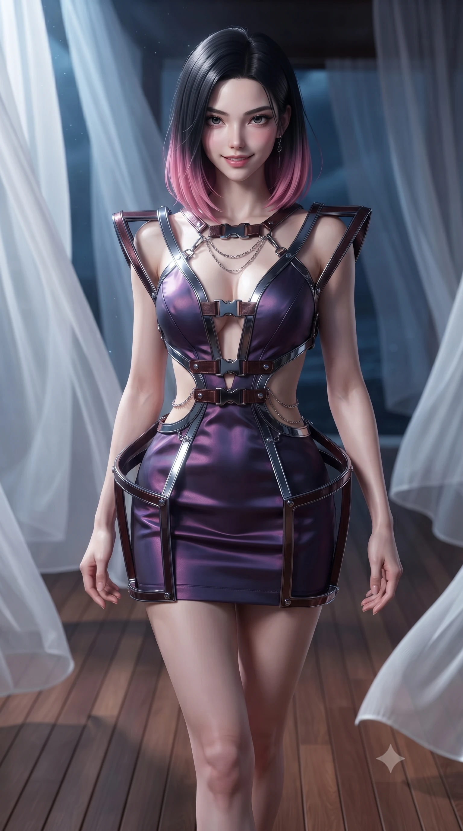 score_9, masterpiece, best quality, ultra-detailed, high-budget anime keyframe, editorial fashion photography, tasteful artistic composition, Korean woman. close-up cowboy shot from the waist and thighs up, the character dominates the composition, filling the frame with her large presence, background elements kept in soft focus. Smiling with quiet, magnetic self-assurance directly into the camera, walking across a polished teak floor surrounded by floating sheer white curtains, gentle ocean movement swaying white silk curtains around her long legs. She has an exceptionally elegant, slender, and willowy female figure with an ultra-slim waist, a gracefully sculpted slender torso, and a refined silhouette. sharp v-shaped jawline, high-bridge nose, intricate jewel-like eyes with depth, thick eyelashes, glossy lips with a natural sheen. wearing dramatic architectural open-waist cutout mini dress in dark velvet framed by chrome hardware in dark mahogany, made of iridescent dark violet taffeta, framed by dark titanium buckles and silver chain details, following her slender form with tailored precision. lit by quiet moonlight key rays piercing through dark ocean air. ultra-reflective glossy finish, specular highlights, metallic sheen, high-contrast stereoscopic depth, volumetric dynamic lighting, 2k, ultra detail, master piece, 9:16 ratio