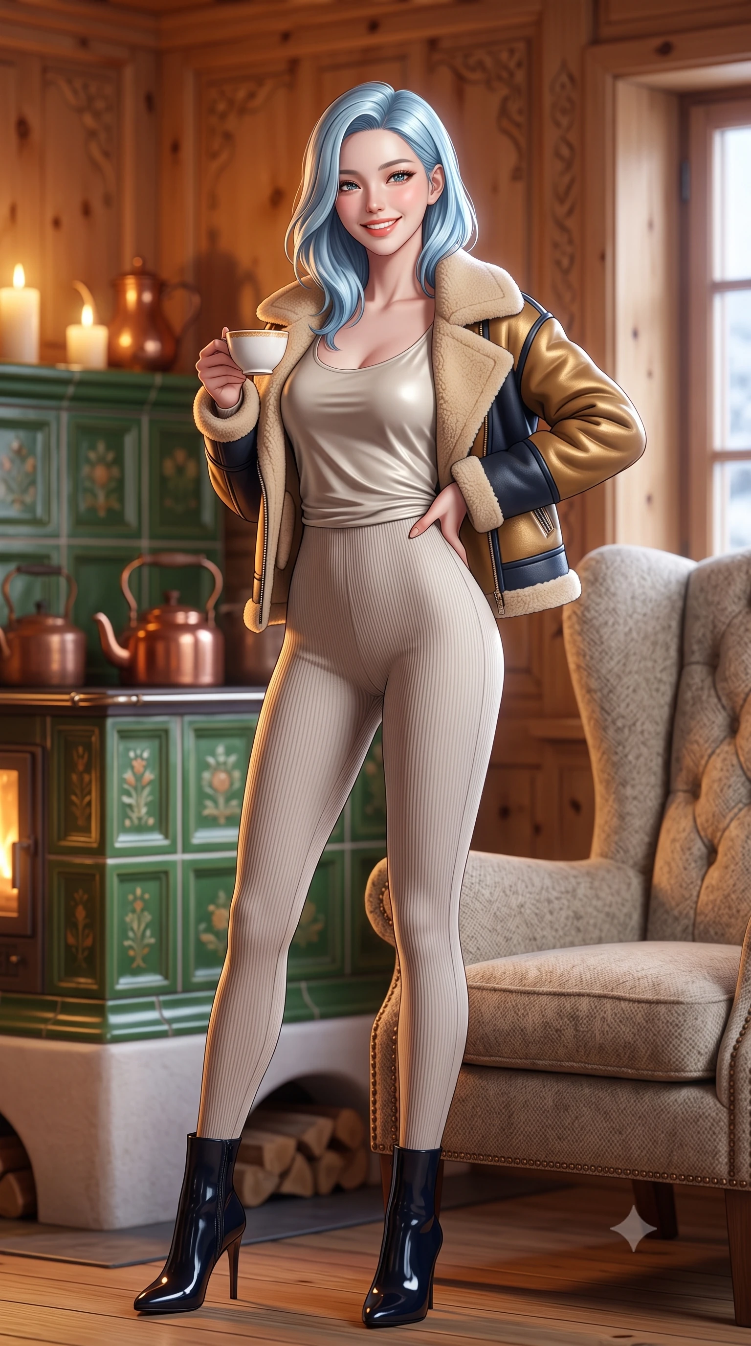 score_9, masterpiece, best quality, ultra-detailed, high-budget anime keyframe, semi-realistic 3D game render, editorial fashion photography, tasteful artistic composition, Korean woman. close-up cowboy shot from the waist and thighs up, the character dominates the composition, filling the frame with her large presence. standing poised with hips cocked slightly to the side, one hand tracing her cinched waistline while casting an affectionate warm glance while curled up comfortably in an oversized wool wingback chair beside a traditional ceramic tile stove, smiling warmly with teacup in hand. The background shows a soft-focus hand-carved Swiss stone pine wood walls, painted green ceramic stove tiles, and copper kettles blurred into warm honey, forest green, and amber bokeh. She has an exceptionally elegant, slender, and willowy female figure with an ultra-slim waist, flat toned midriff, narrow ribcage, and sculpted feminine hips creating an alluring, slim hourglass silhouette without bulk. sharp v-shaped jawline, high-bridge nose, intricate jewel-like sparkling eyes with depth, thick eyelashes, glossy parted lips with a natural peach sheen, bright cheerful beaming smile with an enchanting and coquettish sensual glint, exuding both youthful cute charm and seductive allure, flawlessly proportioned anatomical accuracy, strict slender model proportions, natural body alignment, perfectly sculpted long slender limbs, ultra-slim waistline, clean dynamic posture without body distortion. wearing an ultra-snug ribbed merino wool catsuit jumpsuit tracing her long slender limbs and narrow waist under an open shearling jacket in Ginza vintage brass gold and midnight navy, woven from fluid liquid silk jersey that clings smoothly to her narrow waist and rounded hips with a dewy sheen, complemented by sleek patent leather stiletto ankle boots accentuating her long slender calves, the liquid-tight tailored fabric clinging flawlessly to her narrow waist and rounded feminine hips, emphasizing every millimeter of her sculpted slim hourglass curves without any bulky heaviness. bathed in cozy 2700K warm ambient candlelight and soft porcelain stove radiance combined with cool winter window light. highly saturated vibrant anime colors, detailed shading with soft gradients, rich glossy textures, high-contrast stereoscopic depth, volumetric dynamic lighting, master piece, 9:16 ratio