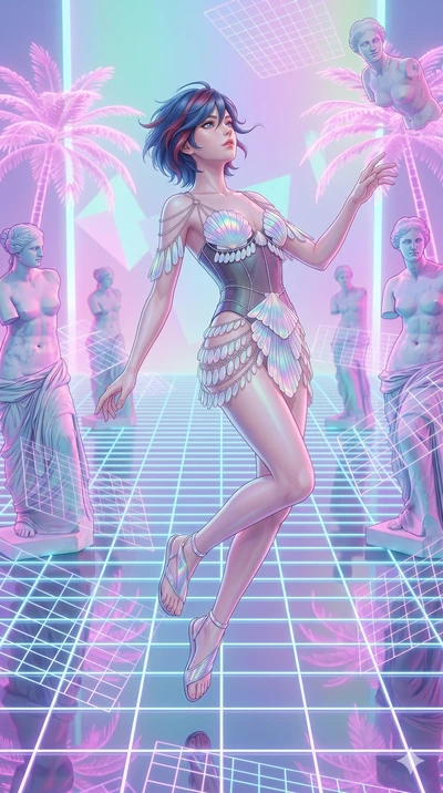 score_9, masterpiece, best quality, ultra-detailed, high-budget anime keyframe, Caucasian woman, strictly human ears. upper body close-up from the thighs up, character filling the screen for maximum presence. drifting through a holographic vaporwave 