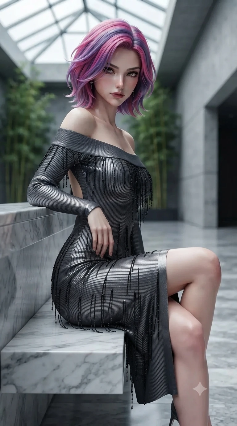 score_9, masterpiece, best quality, ultra-detailed, high-budget anime keyframe, editorial fashion photography, tasteful artistic composition, Caucasian woman. close-up cowboy shot from the waist and thighs up, the character dominates the composition, filling the frame with her large presence. resting one elbow on the marble balustrade while arching her spine with dancer poise, her dark bedroom-eyes casting a magnetic sidelong glance while perched sideways on the floating marble bench, one knee drawn up to showcase her slender leg line while her arched back accentuates her curves. The background shows a soft-focus soaring geometric glass skylights, vertical bamboo rain gardens, and minimalist architectural concrete walls blurred into slate, jade, and charcoal bokeh. She has an exceptionally elegant, slender, and willowy female figure with an ultra-slim waist, flat toned midriff, narrow ribcage, and sculpted feminine hips creating an alluring, slim hourglass silhouette without bulk. sharp v-shaped jawline, high-bridge nose, intricate jewel-like dark sparkling eyes with dangerous depth, thick curled eyelashes, glossy parted lips with a rich wine sheen, smoldering seductive half-smile with bedroom-eyes, exuding effortless superiority and intoxicating dark allure, flawlessly proportioned anatomical accuracy, strict slender model proportions, natural body alignment, perfectly sculpted long slender limbs, ultra-slim waistline, clean dynamic posture without body distortion. wearing a form-contouring off-shoulder ribbed cashmere bodycon midi dress with a low-back scoop in liquid mercury chrome and smoky quartz, tailored from fine lightweight midnight wool crepe with crisp architectural structure, accented with fine jet-black beaded tassels that sway with each movement, the liquid-tight tailored fabric clinging flawlessly to her narrow waist and rounded feminine hips, emphasizing every millimeter of her sculpted slim hourglass curves without any bulky heaviness. illuminated by mirror-polished marble floor bounce and sharp silver-topaz rim lights defining her razor-sharp jawline, narrow waist, and curvy hips. ultra-reflective glossy finish, specular highlights, rich textural contrasts, high-contrast stereoscopic depth, volumetric dynamic lighting, 2k, ultra detail, master piece, 9:16 ratio