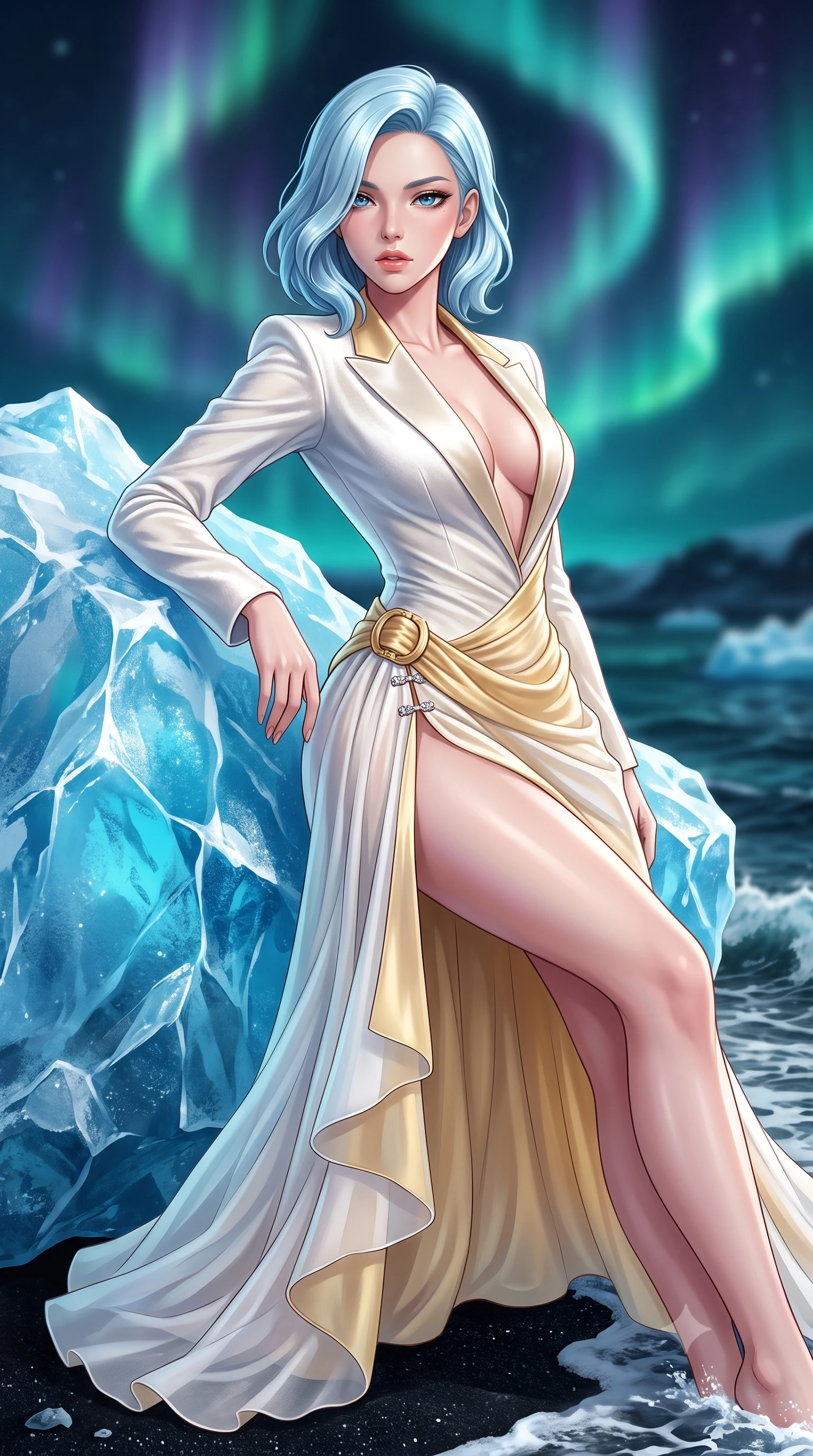 score_9, masterpiece, best quality, ultra-detailed, high-budget anime keyframe, semi-realistic 3D game render, editorial fashion photography, tasteful artistic composition, Korean woman. close-up cowboy shot from the waist and thighs up, the character dominates the composition, filling the frame with her large presence. twisting her slender torso in a deep contrapposto stance, hips dramatically shifted to accentuate her feminine curves while looking past her shoulder with smoldering bedroom-eyes while reclining against a massive crystal-clear blue iceberg stranded on the jet-black volcanic sand, arching her spine as Arctic waves lap near her feet. The composition keeps background elements in soft focus with creamy bokeh. swirling emerald and violet aurora ribbons and dark Arctic ocean breakers blurred into luminous teal, sapphire, and obsidian bokeh. She has an exceptionally elegant, slender, and willowy female figure with an ultra-slim waist, flat toned midriff, narrow ribcage, and sculpted feminine hips creating an alluring, slim hourglass silhouette without bulk. sharp v-shaped jawline, high-bridge nose, intricate jewel-like eyes with depth, thick eyelashes, glossy parted lips with a natural sheen, intensely captivating and seductive bedroom-eyes expression, flawlessly proportioned anatomical accuracy, strict slender model proportions, natural body alignment, perfectly sculpted long slender limbs, ultra-slim waistline, clean dynamic posture without body distortion. wearing a tailored velvet tuxedo jacket dress with satin lapels, worn with a deep plunge neckline and gold hip buckle in pure alabaster white and sun-kissed gold, woven from layered gossamer chiffon with a weightless sweeping drape, finished with an ultra-high side slit secured by miniature jeweled clasps, the dramatically scooped open back descending to the base of her spine, accentuating her razor-sharp statuesque lines and slim hourglass silhouette. illuminated by crisp ice crystal specular highlights sharply carving her razor-sharp jawline, narrow waist, and curvy hips. highly saturated vibrant anime colors, detailed shading with soft gradients, rich glossy textures, high-contrast stereoscopic depth, volumetric dynamic lighting, master piece, 9:16 ratio