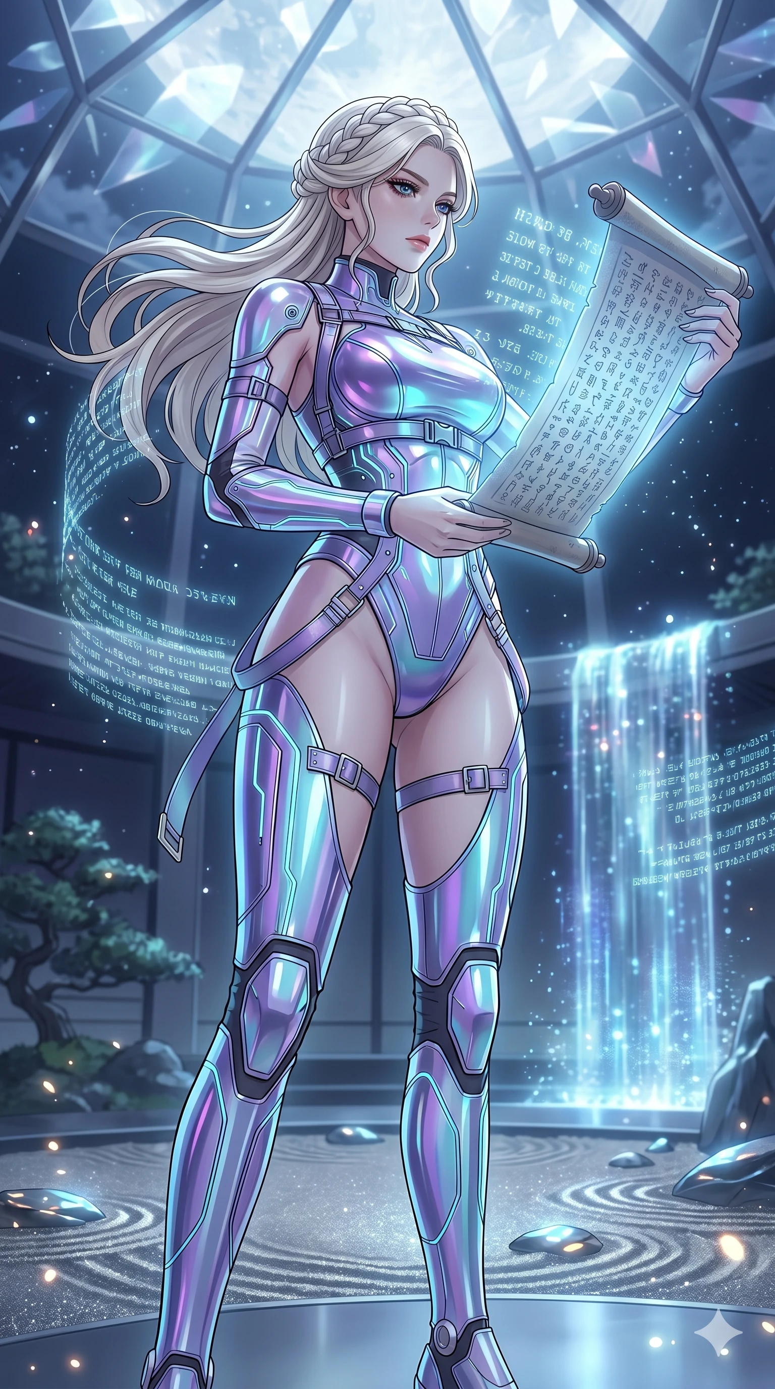 score_9, masterpiece, best quality, ultra-detailed, High-budget Anime Keyframe, vibrant colors, fluid line-art, expressive lighting, cinematic composition, Ufotable-style visual effects, top-tier animation quality, Caucasian woman with pale skin, blonde hair, and (strictly human ears). Dramatic low angle looking up at her majestic stature, dominating the vertical space of the composition. Reading a forbidden ancient scroll that emits a soft blue light, revealing secrets of a long-lost civilization. She has an well-proportioned figure, an tall and elegant figure with elegant legs and an graceful posture, her statuesque height and towering silhouette dominating the vertical 9:16 frame. Her face is a masterpiece featuring a sharp v-shaped jawline, high-bridge nose, intricate jewel-like eyes with depth, thick eyelashes, and glossy lips with a natural sheen. She is wearing a Chrome-plated armor over a fitted base with tactical straps and metallic buckles crafted from Iridescent vinyl with a futuristic sheen that shifts between violet and cyan, with an fitted waist and a complex harness system that draws the eye. The scene is set in a serene Zen garden with metallic sand, glowing stones, and a holographic waterfall, illuminated by ethereal moonlight filtering through a crystalline canopy, creating soft highlights. 2k, ultra detail, master piece, 9:16 ratio