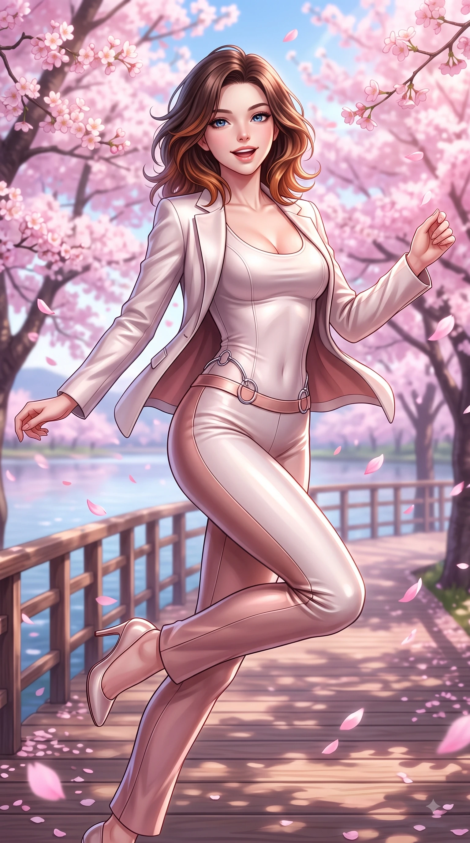 score_9, masterpiece, best quality, ultra-detailed, high-budget anime keyframe, editorial fashion photography, tasteful artistic composition, Korean woman. close-up cowboy shot from the waist and thighs up, the character dominates the composition, filling the frame with her large presence, background elements kept in soft focus. Cheerful beaming smile with parted lips, exuding pure enchanting charm while turning dynamically toward the camera while leaping with a beaming happy smile along a wooden lakeside boardwalk lined with sakura trees, floating pink petals drifting around her in dynamic, cheerful wind currents. She has an exceptionally elegant, slender, and willowy female figure with an ultra-slim waist, a gracefully sculpted slender torso, and a refined silhouette. sharp v-shaped jawline, high-bridge nose, intricate jewel-like eyes with depth, thick eyelashes, glossy lips with a natural sheen, flawlessly proportioned anatomical accuracy, natural body alignment, perfectly sculpted elegant limbs, clean dynamic posture without body distortion. wearing a tailored silk blazer over a form-contouring scoop-neck top and slacks in pearl white and rose gold, formed from sleek second-skin neoprene, accented with delicate chrome ring hardware framing her waist, the sleek second-skin texture accentuating her magnetic presence. illuminated by soft glowing pink ambient light and clear sky refractions. highly saturated vibrant anime colors, detailed shading with soft gradients, rich glossy textures, high-contrast stereoscopic depth, volumetric dynamic lighting, master piece, 9:16 ratio
