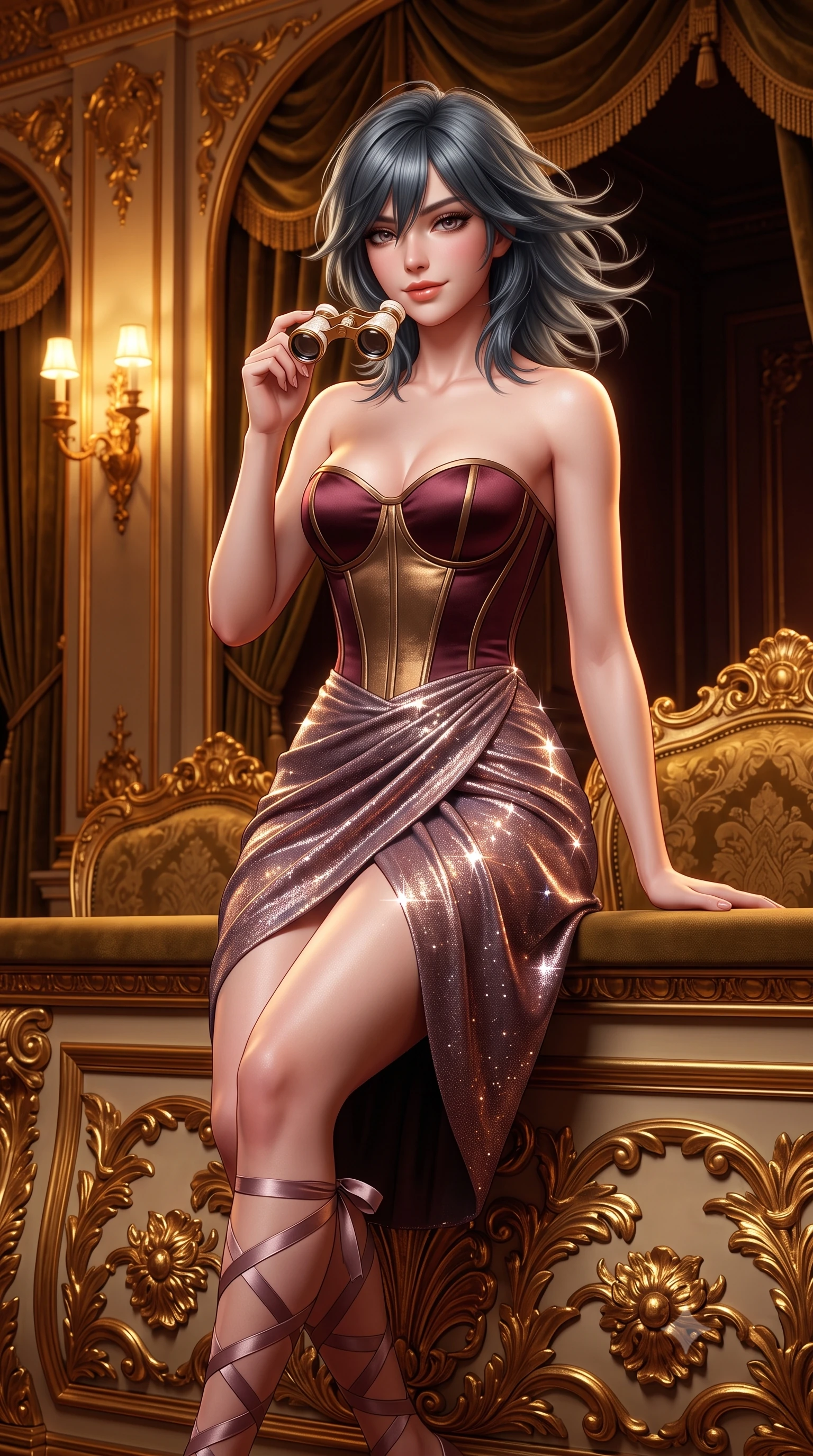 score_9, masterpiece, best quality, ultra-detailed, high-budget anime keyframe, semi-realistic 3D game render, editorial fashion photography, tasteful artistic composition, Caucasian woman. close-up cowboy shot from the waist and thighs up, the character dominates the composition, filling the frame with her large presence. turning slowly with an enchanting smoldering smile, her glossy hair tossing in the breeze as her hips angle gracefully in a captivating contrapposto while sitting perched on the arm of the gilded baroque chair, holding an antique pearl opera glass with effortless coquettish charm. The surrounding environment is rendered in vivid detail and crisp panoramic clarity: sharp deep-pile velvet fabric texture, gilded wood relief carvings, and mother-of-pearl opera glass clarity in deep focus. She has an exceptionally elegant, slender, and willowy female figure with an ultra-slim waist, flat toned midriff, narrow ribcage, and sculpted feminine hips creating an alluring, slim hourglass silhouette without bulk. sharp v-shaped jawline, high-bridge nose, sparkling eyes with hypnotic seductive depth, thick curled eyelashes, glossy parted lips with a natural dewy peach sheen, alluring bedroom-eyes with an enchanting coquettish smile, exuding magnetic siren charisma and sophisticated glamour, flawlessly proportioned anatomical accuracy, strict slender model proportions, natural body alignment, perfectly sculpted long slender limbs, ultra-slim waistline, clean dynamic posture without body distortion. wearing a strapless boned satin corset bodice paired with a draped tulip ballet wrap skirt framing her hourglass curves in smoky bordeaux wine and gilded bronze, woven from stretch metallic lurex jersey casting radiant starlight glints across her silhouette, finished with delicate satin ballet ribbon ties criss-crossing up her slender calves to the knee, the glove-like clinging cut tightly following the natural contour of her hips and long slender legs with youthful 8.5-heads elegance. bathed in warm amber light spilling from gilded sconces mixed with stage illumination bounce. highly saturated vibrant anime colors, detailed shading with soft gradients, rich glossy textures, high-contrast stereoscopic depth, volumetric dynamic lighting, master piece, 9:16 ratio