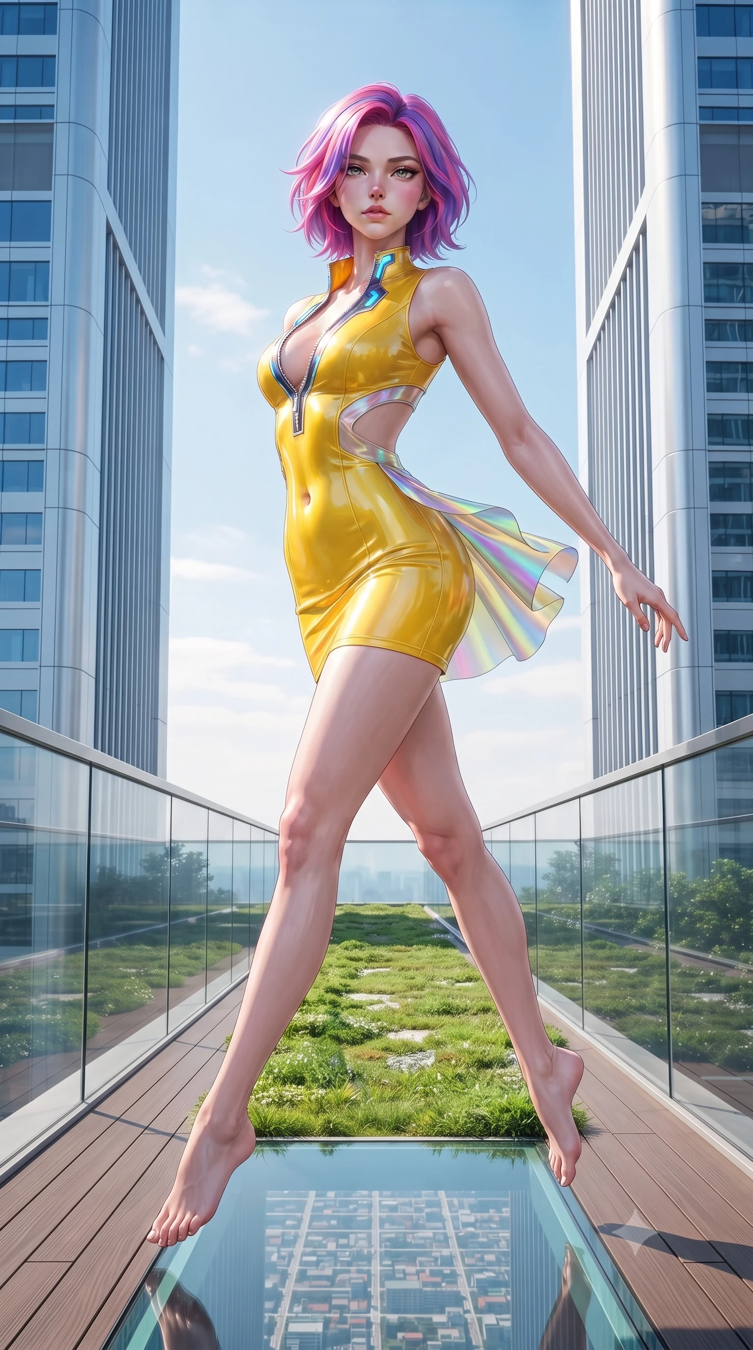 score_9, masterpiece, best quality, ultra-detailed, high-budget anime keyframe, editorial fashion photography, tasteful artistic composition, Caucasian woman. low angle full-body shot from head to toe showing her feet, filling the entire 9:16 vertical frame with her statuesque presence, stretching her vertical silhouette. leaping through mid-air with an athletic yet alluring arch of her spine, her impossibly long slender legs stretched in flawless poise while stepping along a verdant sky-garden walkway suspended between twin gleaming architectural towers. The surrounding environment is rendered in vivid detail and crisp panoramic clarity. sharp glass deck railings, wooden deck textures, and distant city grid patterns in high clarity. She has an absolutely perfect, statuesque 8.5-heads proportion, an exceptionally tall and slender model-like female figure with impossibly long slender legs, a toned flat midriff, and an ultra-slim waist. sharp v-shaped jawline, high-bridge nose, intricate jewel-like eyes with depth, thick eyelashes, glossy lips with a natural sheen, flawlessly proportioned anatomical accuracy, strict slender model proportions, natural body alignment, perfectly sculpted long slender limbs, ultra-slim waistline, clean dynamic posture without body distortion. wearing a second-skin fashion-latex mini dress with a clean architectural front, featuring an open-back design that wraps around the sides of her waist, showcasing her slender silhouette in vibrant sunburst canary yellow and gold trim, made of smooth iridescent silk chiffon that shifts colors with movement, featuring a dangerously unzipped neckline framed by glowing cybernetic accents, the liquid-tight tailored fabric emphasizing every curve of her tall, slender model proportions and sculptured silhouette during dynamic movement. illuminated by crisp specular highlights tracing her sculpted collarbones and waistline. ultra-reflective glossy finish, specular highlights, metallic sheen, high-contrast stereoscopic depth, volumetric dynamic lighting, 2k, ultra detail, master piece, 9:16 ratio