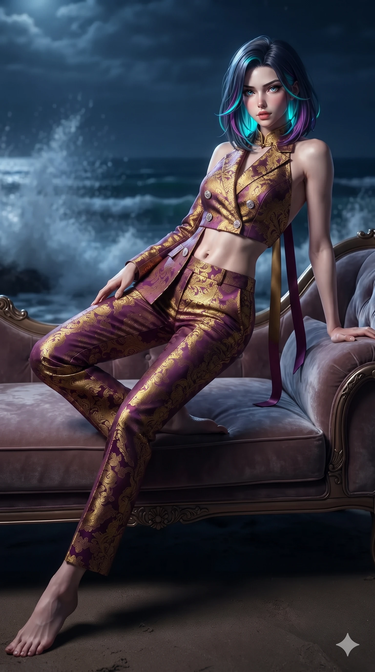score_9, masterpiece, best quality, ultra-detailed, high-budget anime keyframe, editorial fashion photography, tasteful artistic composition, Caucasian woman. low angle full-body shot from head to toe showing her feet, filling the entire 9:16 vertical frame with her statuesque presence, stretching her vertical silhouette. reclining gracefully across the plush chaise lounge with one leg extended, her sculpted silhouette and flat midriff radiating magnetic nocturnal glamour while twisting her slender torso in an alluring contrapposto stance, dramatic moonlight and breaking wave spray tracing her flat midriff and hips. The background shows a soft-focus windswept coastal pavilion softened in maritime nocturnal shallow focus. She has an absolutely perfect, statuesque 8.5-heads proportion, an exceptionally tall and slender model-like female figure with impossibly long slender legs, an ultra-slim waist, a flat toned midriff, narrow delicate ribcage, and beautifully sculpted feminine hips creating a graceful, slim hourglass silhouette without any bulky heaviness. sharp v-shaped jawline, high-bridge nose, sparkling eyes with hypnotic seductive depth, thick curled eyelashes, glossy parted lips with a natural dewy peach sheen, alluring bedroom-eyes with an enchanting coquettish smile, exuding magnetic siren charisma and sophisticated glamour, flawlessly proportioned anatomical accuracy, strict slender model proportions, natural body alignment, perfectly sculpted long slender limbs, ultra-slim waistline, clean dynamic posture without body distortion. wearing a tailored double-breasted silk brocade pantsuit with mandarin collar and mother-of-pearl dragon crest buttons in imperial gold and royal plum purple, woven from bespoke Korean ramie fabric with crisp tactile slub texture, finished with long silk ribbon ties fluttering down her bare spine from a backless halter, the bespoke structured tailoring following the natural line of her 8.5-heads silhouette with refined elegance. illuminated by ocean surf seafoam bounce and sharp cyan-platinum rim lights sculpting her razor-sharp jawline, narrow waist, and curvy hips. ultra-reflective glossy finish, specular highlights, rich textural contrasts, high-contrast stereoscopic depth, volumetric dynamic lighting, 2k, ultra detail, master piece, 9:16 ratio