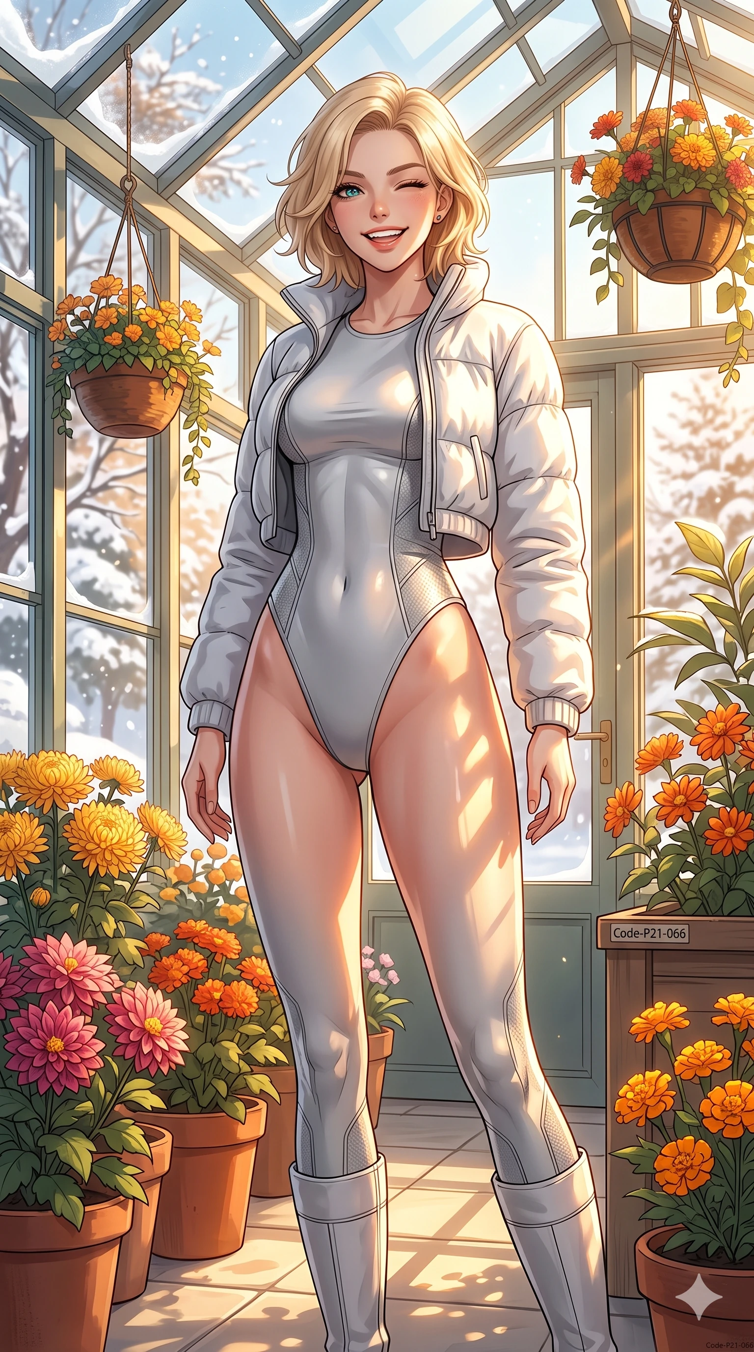 score_9, masterpiece, best quality, ultra-detailed, high-budget anime keyframe, vibrant anime aesthetic, Caucasian woman, strictly human ears. cowboy shot from the thighs up, character and outfit filling the frame for maximum presence. She is standing tall with a lively grin, winking playfully at the camera lens in winter inside a spacious sunroom filled with autumn flowers (Code-P21-066). She has an absolutely perfect 8-heads proportion, an exceptionally tall and slender female figure with impossibly long slender legs and an ultra-slim waist. V-shaped jawline, high-bridge nose, intricate jewel-like eyes with depth, thick eyelashes, glossy lips with a natural sheen. wearing a high-cut leg bodysuit under a crop top with exposed waist in snow. She is drenched in warm morning sunshine filtering through the conservatory glass, tracing her winter fit. 2k, ultra detail, master piece, 9:16 ratio