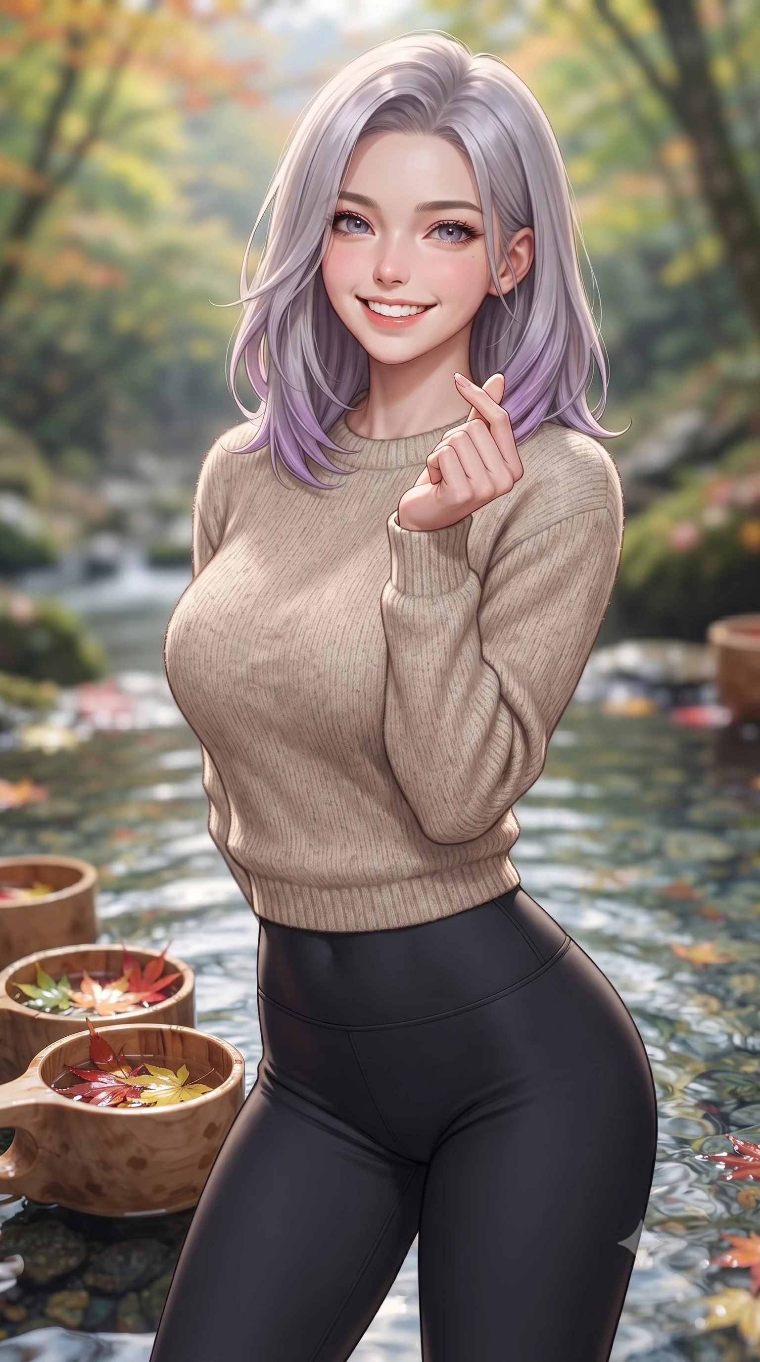 score_9, masterpiece, best quality, ultra-detailed, high-budget anime keyframe, editorial fashion photography, tasteful artistic composition, Caucasian woman. close-up cowboy shot from the waist and thighs up, the character dominates the composition, filling the frame with her large presence, background elements kept in soft focus. flashing a bright, sunny grin, holding her fingers in a cute small heart shape set against a soft-focus background of next to a mountain spring well with clear water and wooden cups holding a colorful maple leaf with a delighted, cheerful smile. She has an exceptionally elegant, slender, and willowy female figure with an ultra-slim waist, a gracefully sculpted slender torso, and a refined silhouette. sharp v-shaped jawline, high-bridge nose, intricate jewel-like eyes with depth, thick eyelashes, glossy lips with a natural sheen. wearing body-hugging cozy knit sweater in oatmeal, paired with activewear pants. soft diffused daylight creating a clean, high-key panoramic glow. ultra-reflective glossy finish, specular highlights, metallic sheen, high-contrast stereoscopic depth, volumetric dynamic lighting, 2k, ultra detail, master piece, 9:16 ratio