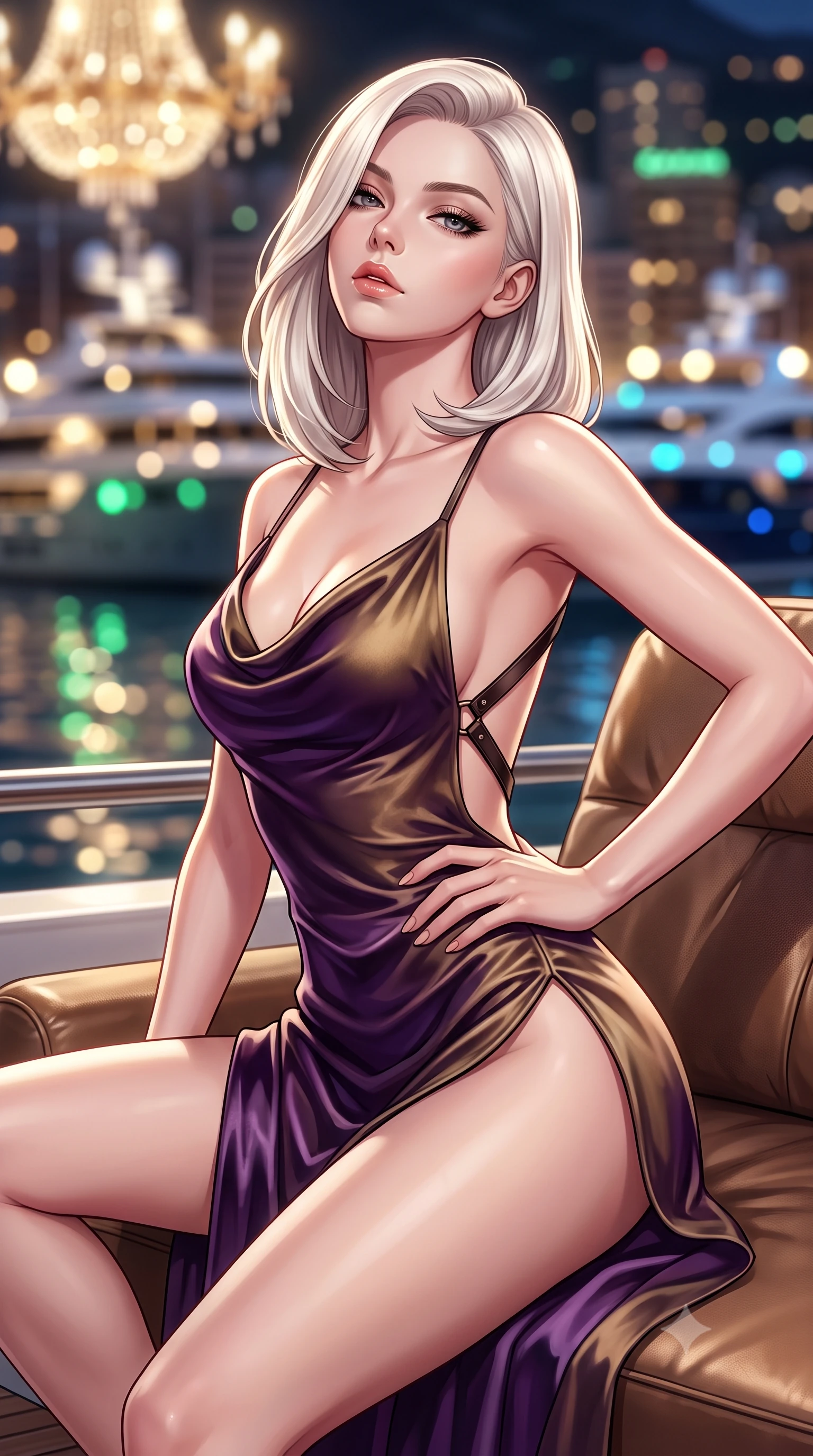 score_9, masterpiece, best quality, ultra-detailed, high-budget anime keyframe, semi-realistic 3D game render, editorial fashion photography, tasteful artistic composition, Caucasian woman. close-up cowboy shot from the waist and thighs up, the character dominates the composition, filling the frame with her large presence. tilting her chin up with proud, sovereign allure while gazing through thick eyelashes, one hand resting on her waist in pure supermodel charisma while lounging languidly across an outdoor leather yacht lounger, one leg extended and torso propped on one elbow to accentuate her sweeping hip line. The composition keeps background elements in soft focus with creamy bokeh. glittering Monaco harbor superyacht lights and casino chandeliers blurred into champagne-gold, emerald, and sapphire bokeh. She has an exceptionally elegant, slender, and willowy female figure with an ultra-slim waist, a gracefully sculpted slender torso, toned flat midriff, and rounded feminine hips creating an alluring hourglass silhouette. sharp v-shaped jawline, high-bridge nose, intricate jewel-like eyes with depth, thick eyelashes, glossy parted lips with a natural sheen, intensely captivating and seductive bedroom-eyes expression, flawlessly proportioned anatomical accuracy, strict slender model proportions, natural body alignment, perfectly sculpted long slender limbs, ultra-slim waistline, clean dynamic posture without body distortion. wearing a backless cowl-neck satin slip dress featuring high-cut side hip slits and delicate thin straps in deep plum violet and antique bronze, crafted from heavyweight crushed silk velvet with liquid luster, featuring an open-back criss-cross harness strap in dark leather, the dramatically scooped open back descending to the base of her spine, accentuating her razor-sharp statuesque lines and curvy hourglass silhouette. surrounded by an elite, intoxicating, and irresistibly glamorous Monte Carlo heiress aura. highly saturated vibrant anime colors, detailed shading with soft gradients, rich glossy textures, high-contrast stereoscopic depth, volumetric dynamic lighting, master piece, 9:16 ratio