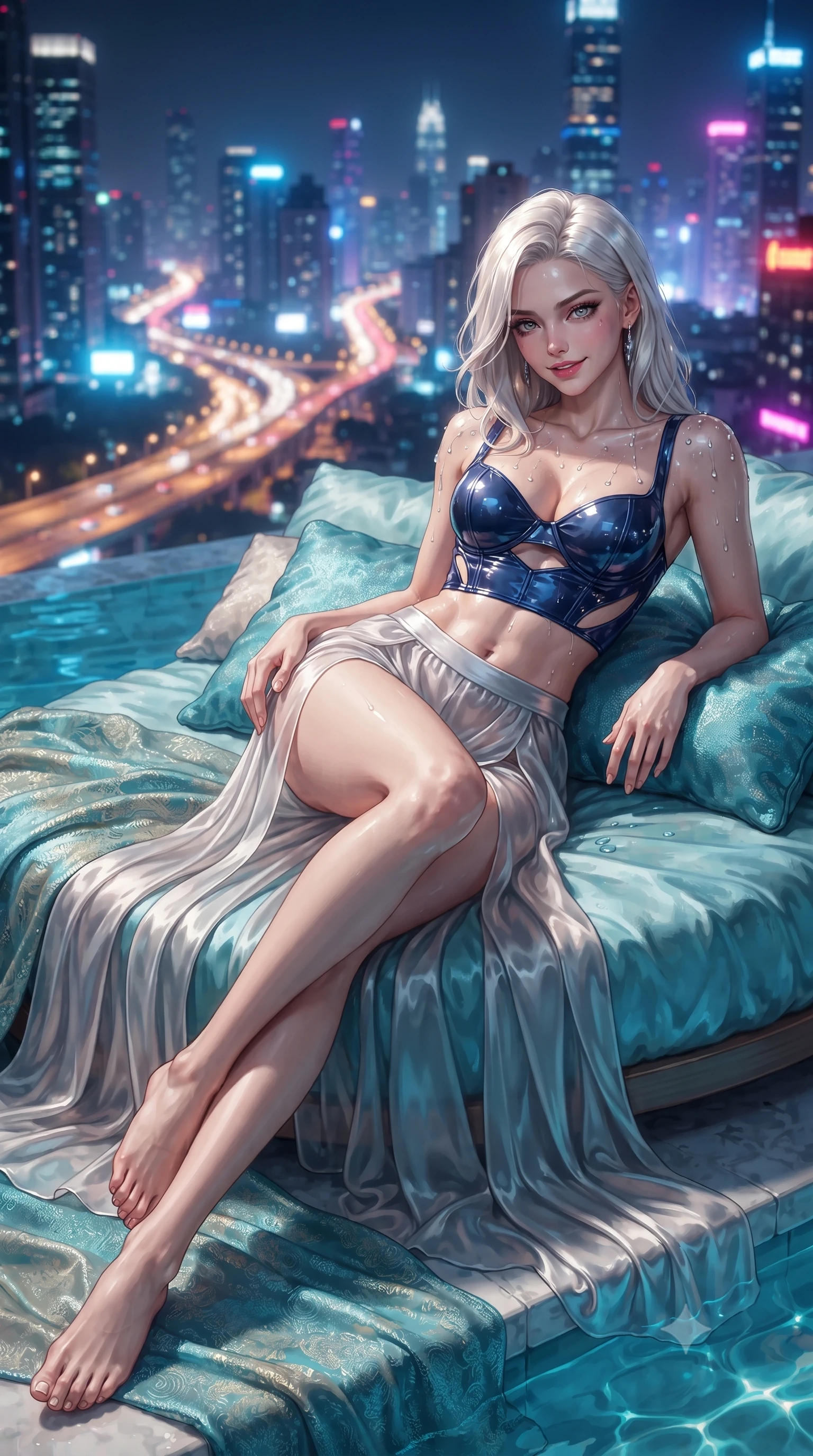 score_9, masterpiece, best quality, ultra-detailed, high-budget anime keyframe, editorial fashion photography, tasteful artistic composition, Caucasian woman. low angle full-body shot from head to toe showing her feet, filling the entire 9:16 vertical frame with her statuesque presence, stretching her vertical silhouette. lounging on the lavish poolside daybed with legs crossed and hips angled toward the camera, displaying her toned midriff and long slender limbs with effortless siren poise while twisting her slender torso in an alluring contrapposto pose at the water's edge, molten turquoise pool caustics shimmering across her flat midriff and curvy hips. The background shows a soft-focus the vast panorama of metropolitan skyscrapers, glowing highways, and neon rooftops blurred into glittering sapphire, magenta, and gold bokeh. She has an absolutely perfect, statuesque 8.5-heads proportion, an exceptionally tall and slender model-like female figure with impossibly long slender legs, an ultra-slim waist, a flat toned midriff, narrow delicate ribcage, and beautifully sculpted feminine hips creating a graceful, slim hourglass silhouette without any bulky heaviness. sharp v-shaped jawline, high-bridge nose, sparkling eyes with hypnotic seductive depth, thick curled eyelashes, glossy parted lips with a natural dewy peach sheen, alluring bedroom-eyes with an enchanting coquettish smile, exuding magnetic siren charisma and sophisticated high-fashion glamour, flawlessly proportioned anatomical accuracy, strict slender model proportions, natural body alignment, perfectly sculpted long slender limbs, ultra-slim waistline, clean dynamic posture without body distortion. wearing a wet-look form-fitting vinyl bustier paired with sheer chiffon high-slit wide-leg trousers in molten liquid silver and deep sapphire navy, crafted from wet-look high-gloss vinyl fabric with dazzling specular surface reflections, finished with glistening drops of pool water beading across her sculpted shoulders and collarbones, the precision-cut side openings and low-back scoop framing her graceful spine and the sensual sweep of her slim, toned hips. illuminated by city skyline specular reflections and sharp platinum rim lights accentuating her razor-sharp jawline, narrow waist, and curvy hips. ultra-reflective glossy finish, specular highlights, rich textural contrasts, high-contrast stereoscopic depth, volumetric dynamic lighting, 2k, ultra detail, master piece, 9:16 ratio