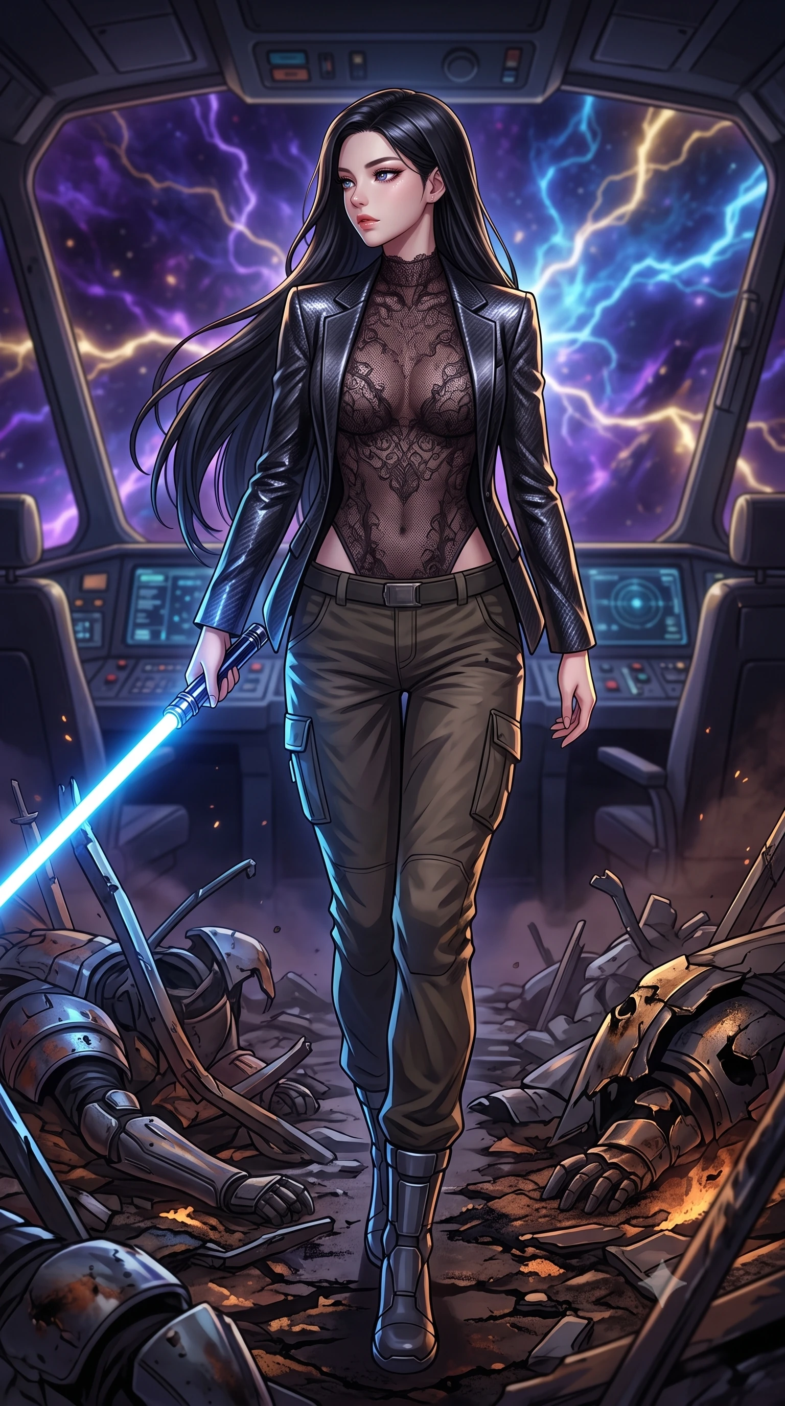 score_9, masterpiece, best quality, ultra-detailed, high-budget anime keyframe, editorial fashion photography, tasteful artistic composition, Korean woman. low angle full-body shot from head to toe showing her feet, filling the entire 9:16 vertical frame with her statuesque presence, stretching her vertical silhouette. stepping gracefully through battlefield debris with a glowing saber hilt in hand, looking back over her shoulder, the background shows a soft-focus a train cockpit view facing an electrical plasma storm in deep space. She has an absolutely perfect, statuesque 8.5-heads proportion, an exceptionally tall and slender model-like female figure with impossibly long slender legs and an ultra-slim waist. sharp v-shaped jawline, high-bridge nose, intricate jewel-like eyes with depth, thick eyelashes, glossy lips with a natural sheen. wearing a slim-fit semi-opaque dark lace bodysuit worn under a tailored open carbon-plated blazer and cargo pants. flashes of lightning casting momentary high-contrast chiaroscuro shadows. highly saturated vibrant anime colors, detailed shading with soft gradients, rich glossy textures, high-contrast stereoscopic depth, volumetric dynamic lighting, master piece, 9:16 ratio