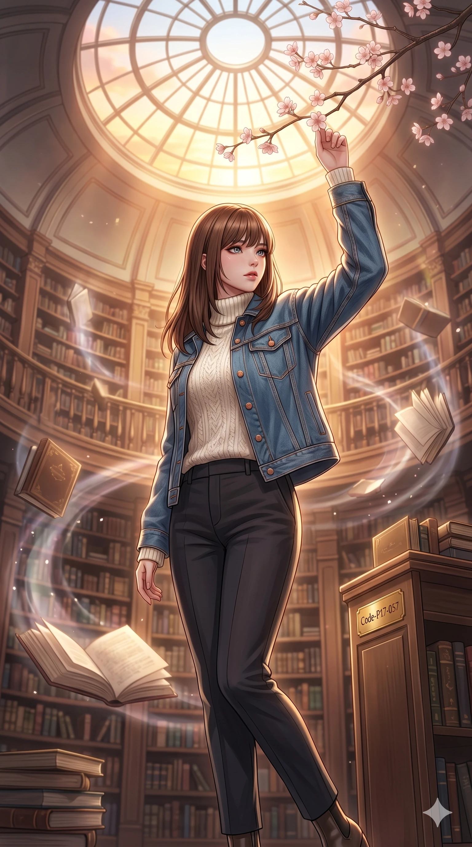 score_9, masterpiece, best quality, ultra-detailed, high-budget anime keyframe, editorial fashion photography, tasteful artistic composition, Korean woman. cowboy shot from the thighs up, character and outfit filling the frame for maximum editorial presence. reaching up to touch a cherry blossom, looking over her shoulder with a magnetic, quiet, intense gaze in a grand library with floating books and a large round skylight (Code-P17-057). She has an absolutely perfect 8-heads proportion, an exceptionally tall and slender female figure with impossibly long slender legs and an ultra-slim waist. V-shaped jawline, high-bridge nose, intricate jewel-like eyes with depth, thick eyelashes, glossy lips with a natural sheen. wearing a high-neck cozy knit sweater under a denim jacket. warm sunset light pouring through the windows, casting a warm glowing aura on her. 2k, ultra detail, master piece, 9:16 ratio