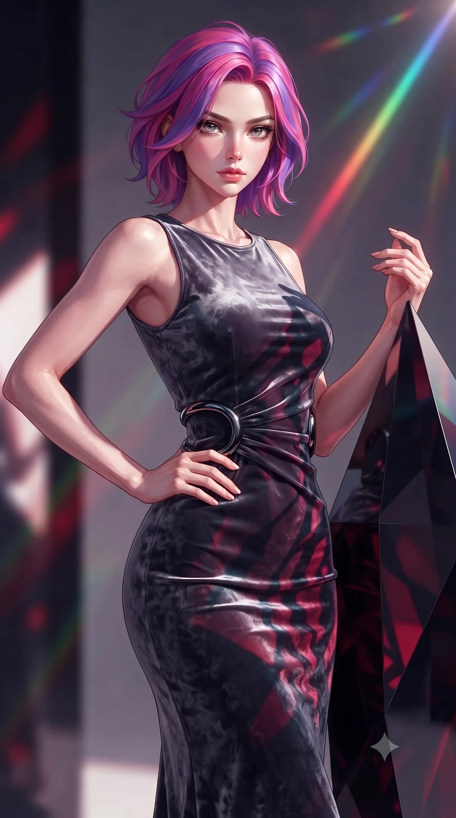 score_9, masterpiece, best quality, ultra-detailed, high-budget anime keyframe, editorial fashion photography, tasteful artistic composition, Caucasian woman. close-up cowboy shot from the waist and thighs up, the character dominates the composition, filling the frame with her large presence, background elements kept in soft focus. Holding a confident power pose with one hand on her hip, touching a giant dark obsidian prism that split light into deep crimson spectrums, geometric shadow patterns projected onto her sleek outfit. She has an exceptionally elegant, slender, and willowy female figure with an ultra-slim waist, a gracefully sculpted slender torso, and a refined silhouette. sharp v-shaped jawline, high-bridge nose, intricate jewel-like eyes with depth, thick eyelashes, glossy lips with a natural sheen. wearing fitted liquid mercury jersey maxi dress hugging every curve in metallic dark silver, made of crushed dark silk velvet, accented with sculpted obsidian chrome rings at the waist, contouring every curve with an exceptionally elegant silhouette. lit by a single piercing key ray refracting into multi-color dark spectrums. highly saturated vibrant anime colors, detailed shading with soft gradients, rich glossy textures, high-contrast stereoscopic depth, volumetric dynamic lighting, master piece, 9:16 ratio