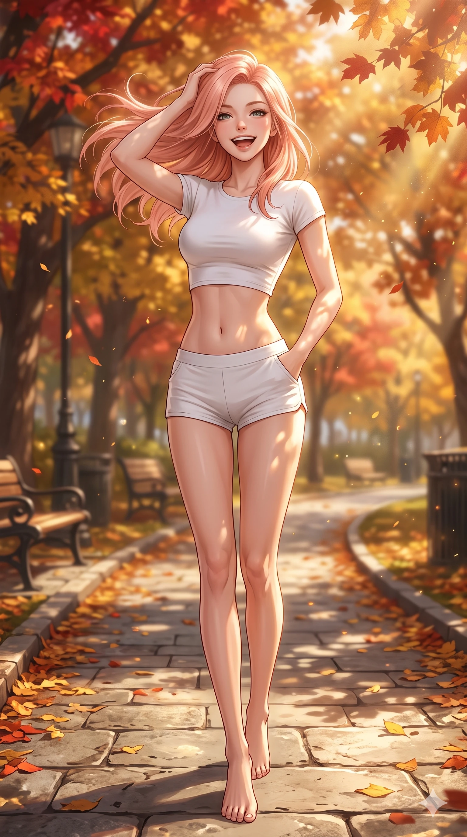 score_9, masterpiece, best quality, ultra-detailed, high-budget anime keyframe, vibrant anime aesthetic, Japanese woman. low angle full-body shot from head to toe showing her feet, filling the entire 9:16 vertical frame with her statuesque presence, stretching her vertical silhouette. She is posing with a delightful grin, tossing her hair back with a happy autumn laugh by an autumn park pathway under bright midday sunbeams (Code-P21-052). She has an absolutely perfect 8-heads proportion, an exceptionally tall and slender female figure with impossibly long slender legs and an ultra-slim waist. V-shaped jawline, high-bridge nose, intricate jewel-like eyes with depth, thick eyelashes, glossy lips with a natural sheen. wearing a tight crop top showing her bare midriff and micro-shorts in white cotton for winter. She is drenched in soft sunbeams filtering through autumn leaves, casting a warm golden glow. 2k, ultra detail, master piece, 9:16 ratio