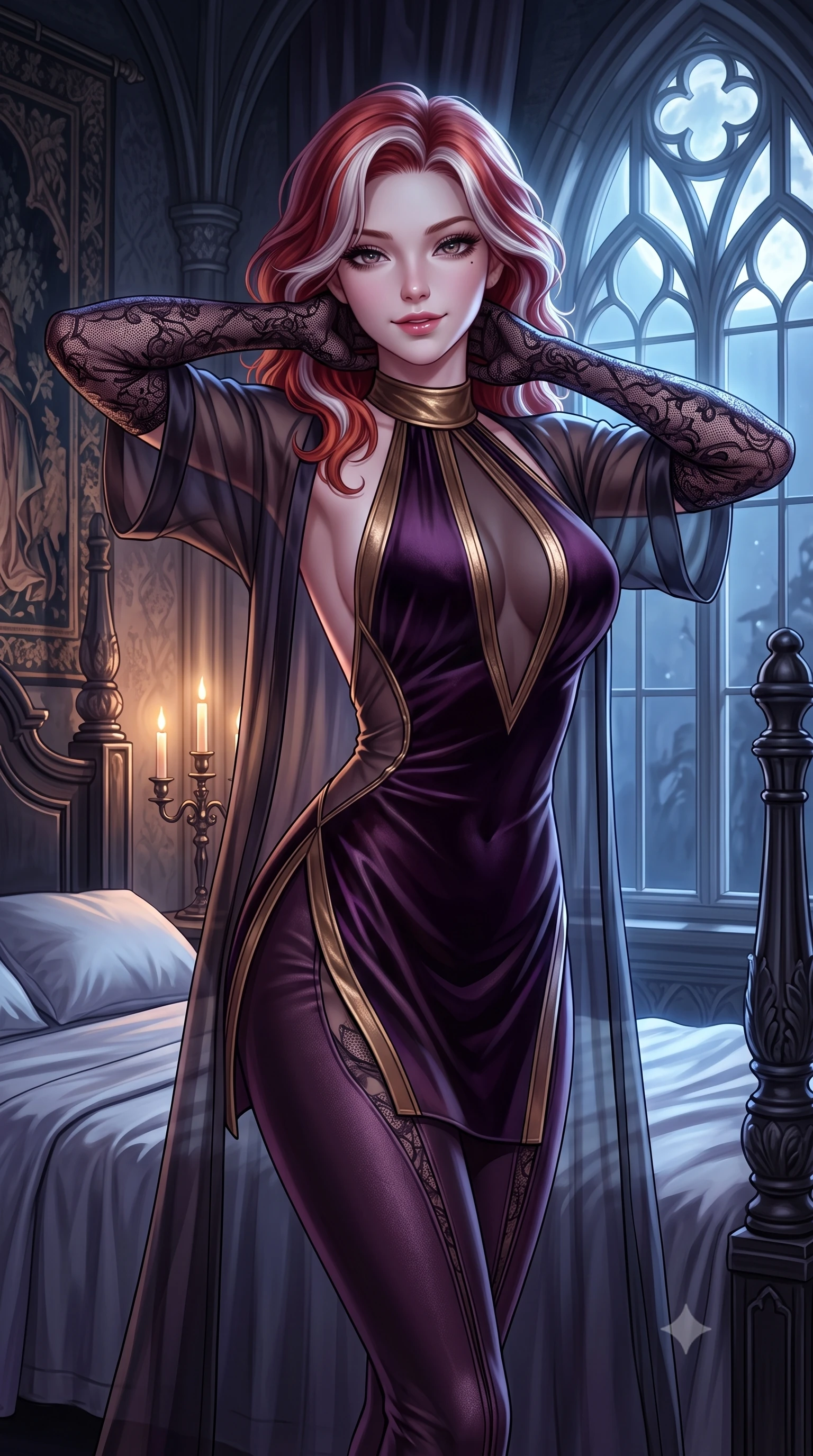 score_9, masterpiece, best quality, ultra-detailed, high-budget anime keyframe, semi-realistic 3D game render, editorial fashion photography, tasteful artistic composition, Caucasian woman. close-up cowboy shot from the waist and thighs up, the character dominates the composition, filling the frame with her large presence. resting both hands lightly behind her neck with elbows raised, arching her spine to highlight her narrow waist, flat midriff, and breathtaking collarbones while twisting her slender torso in an alluring S-curve while adjusting a sheer robe, silver moonlight pouring through pointed-arch windows. The surrounding environment is rendered in vivid detail and crisp panoramic clarity: sharp silk bedsheet creases, carved ebony bedpost reliefs, and gothic wall tapestry threads in deep focus. She has an exceptionally elegant, slender, and willowy female figure with an ultra-slim waist, flat toned midriff, narrow ribcage, and sculpted feminine hips creating an alluring, slim hourglass silhouette without bulk. sharp v-shaped jawline, high-bridge nose, sparkling eyes with hypnotic seductive depth, thick curled eyelashes, glossy parted lips with a natural dewy peach sheen, alluring bedroom-eyes with an enchanting coquettish smile, exuding magnetic siren charisma and sophisticated glamour, flawlessly proportioned anatomical accuracy, strict slender model proportions, natural body alignment, perfectly sculpted long slender limbs, ultra-slim waistline, clean dynamic posture without body distortion. wearing a slinky backless halterneck column mini dress clinging like a second skin with deep geometric side slits in dark plum violet and gilded bronze with sheer obsidian overlays, tailored from ultra-plush velvet with rich tactile depth and deep shadow gradients, complemented by sheer opera-length lace evening gloves tracing her slender arms, the glove-like clinging cut tightly following the natural contour of her hips and long slender legs with youthful 8.5-heads elegance. bathed in cool moonlight streaming through tall gothic windows mixed with soft bedside candelabra warmth. highly saturated vibrant anime colors, detailed shading with soft gradients, rich glossy textures, high-contrast stereoscopic depth, volumetric dynamic lighting, master piece, 9:16 ratio